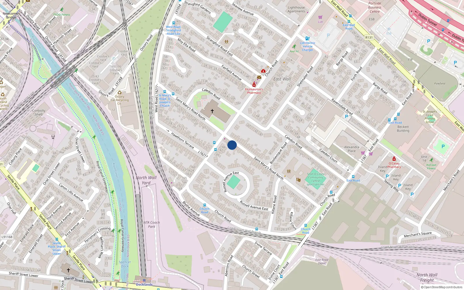 Overhead map showing the location of 71 St Marys Road, East Wall, Dublin 3