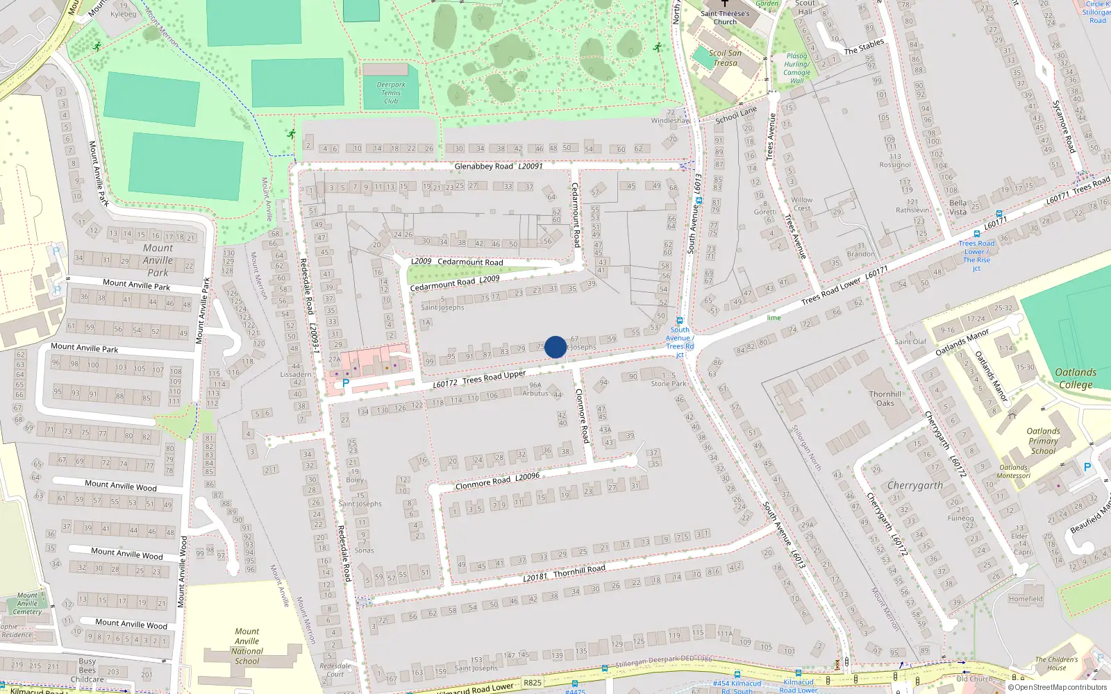 Overhead map showing the location of 71 Trees Road, Mount Merrion, Co Dublin