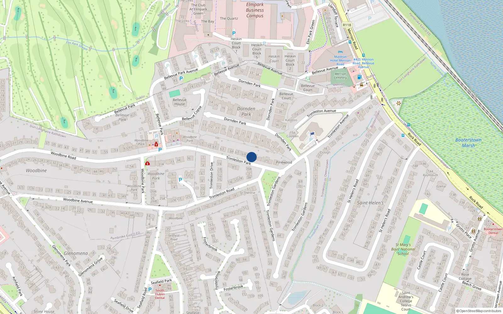 Overhead map showing the location of 71 Trimleston Park, Booterstown, Blackrock