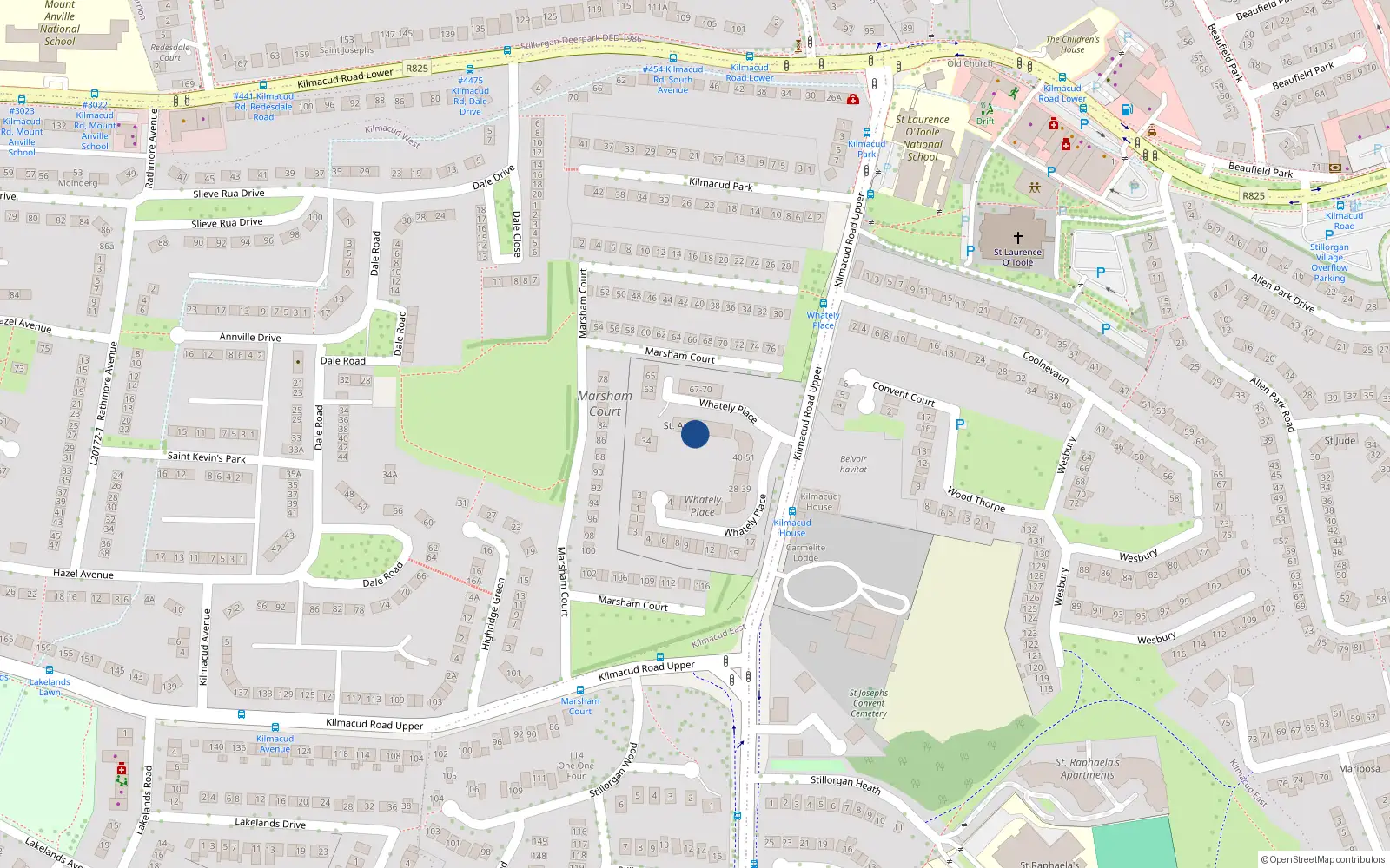 Overhead map showing the location of 71 Whatley Place, Kilmacud Road Upper, Stillorgan