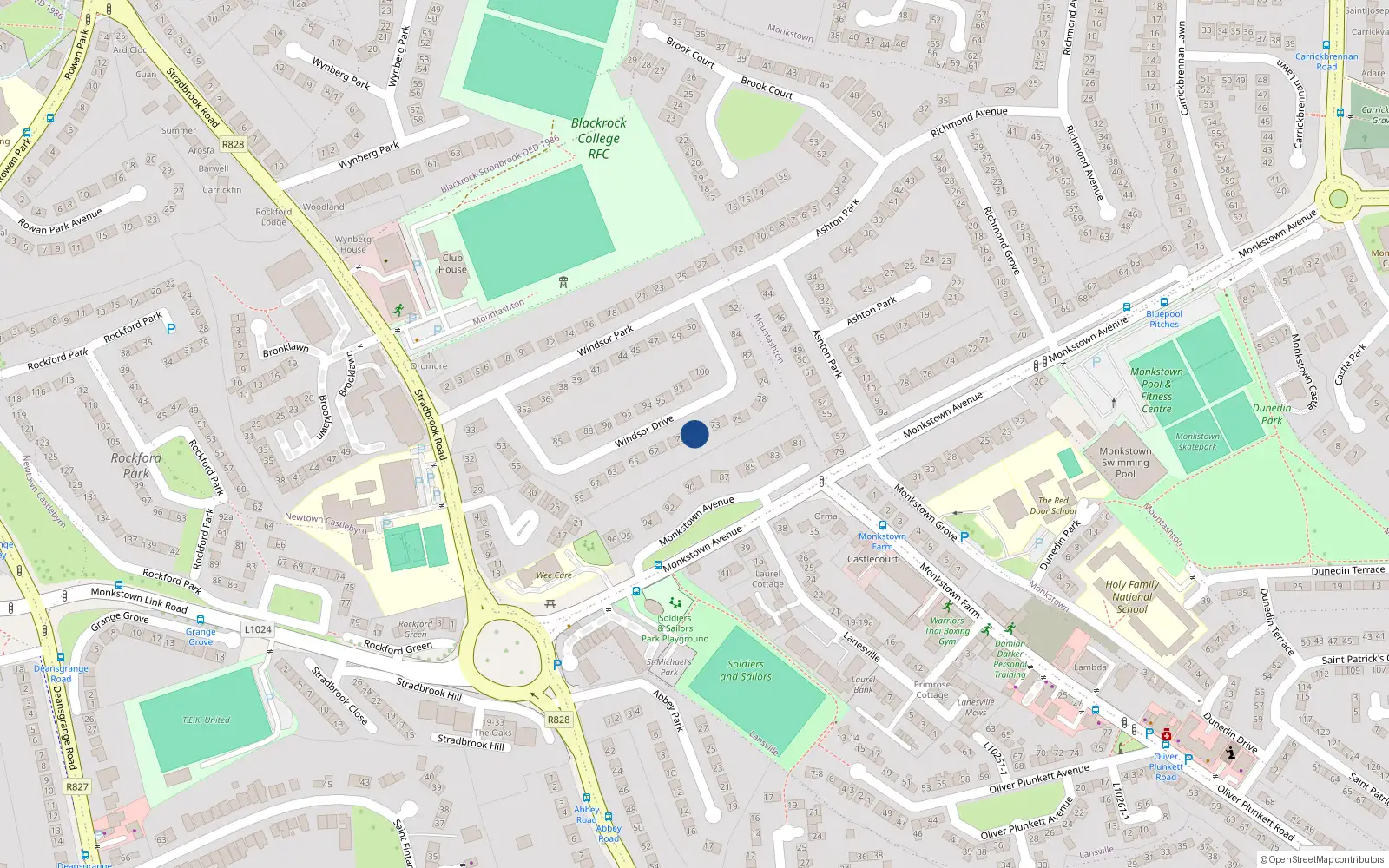 Overhead map showing the location of 71 Windsor Drive, Blackrock, Dublin