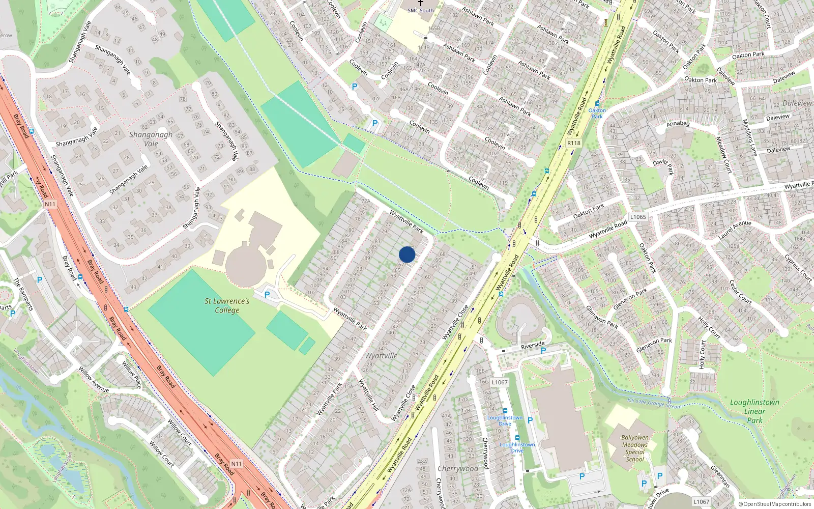 Overhead map showing the location of 71 Wyattville Park, Ballybrack, Dublin