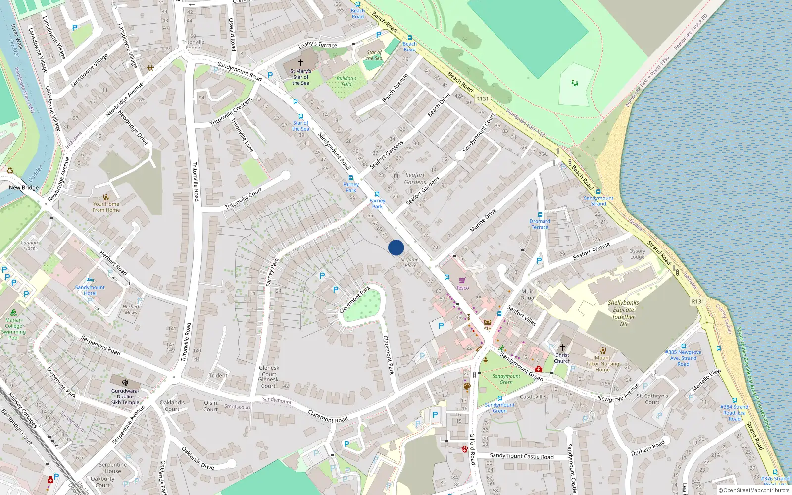 Overhead map showing the location of 71C Sandymount Road, Sandymount