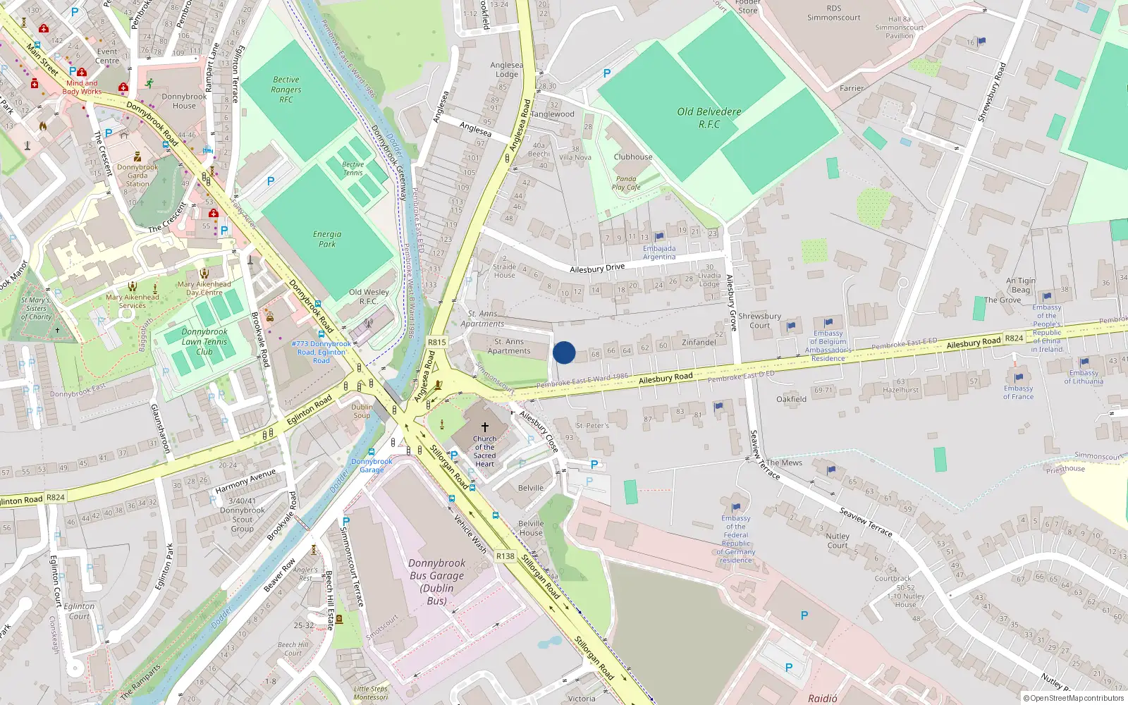 Overhead map showing the location of 72 Ailesbury Road, Simmonscourt