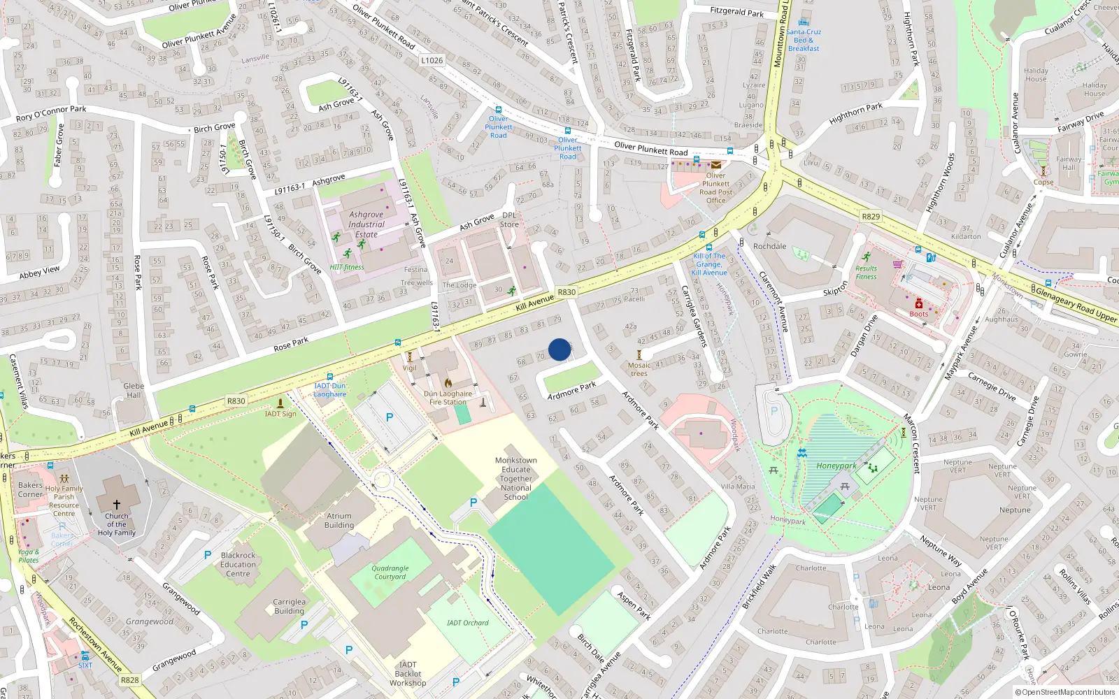 Overhead map showing the location of 72 Ardmore Park, Dun Laoghaire