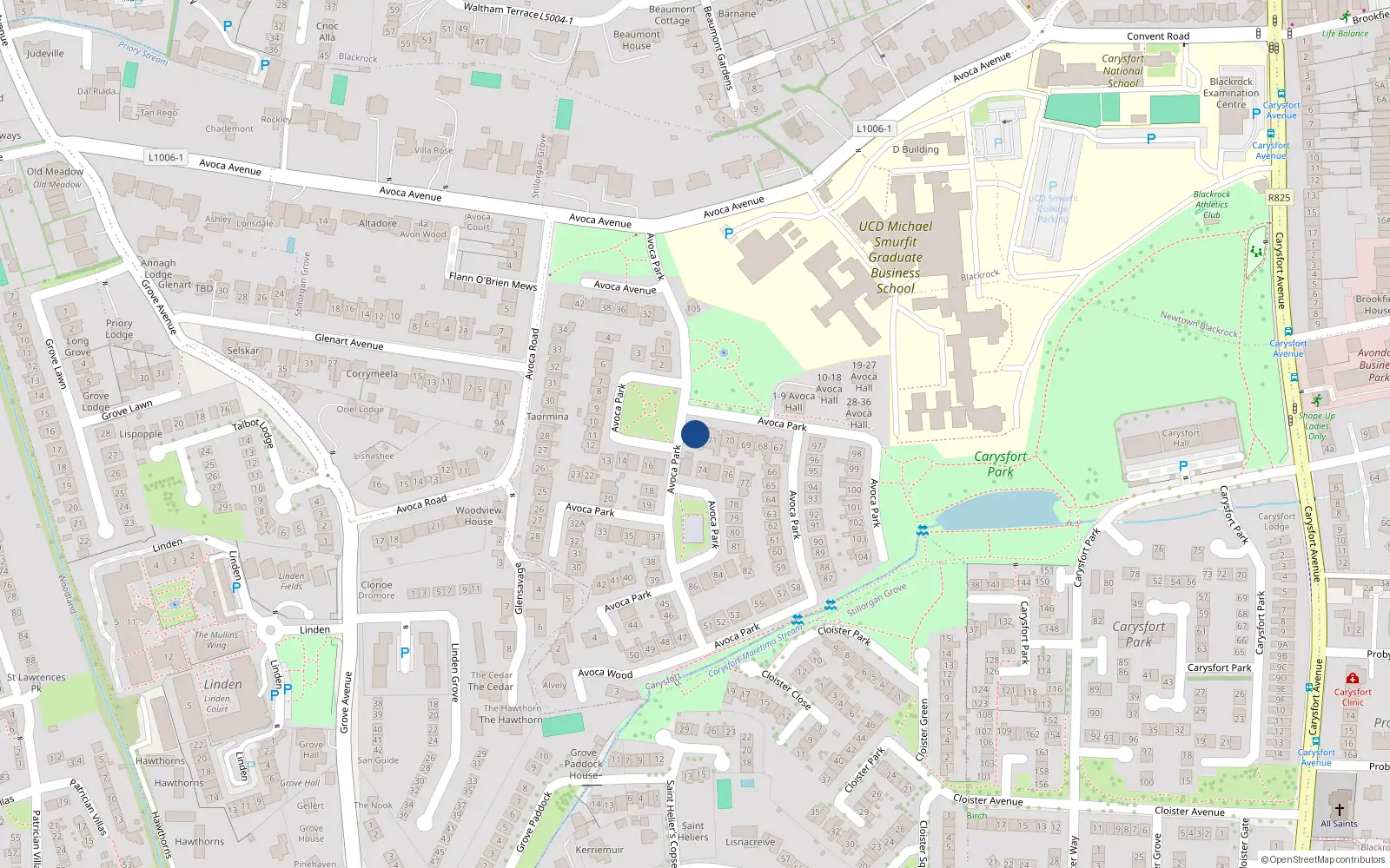 Overhead map showing the location of 72 Avoca Park, Blackrock