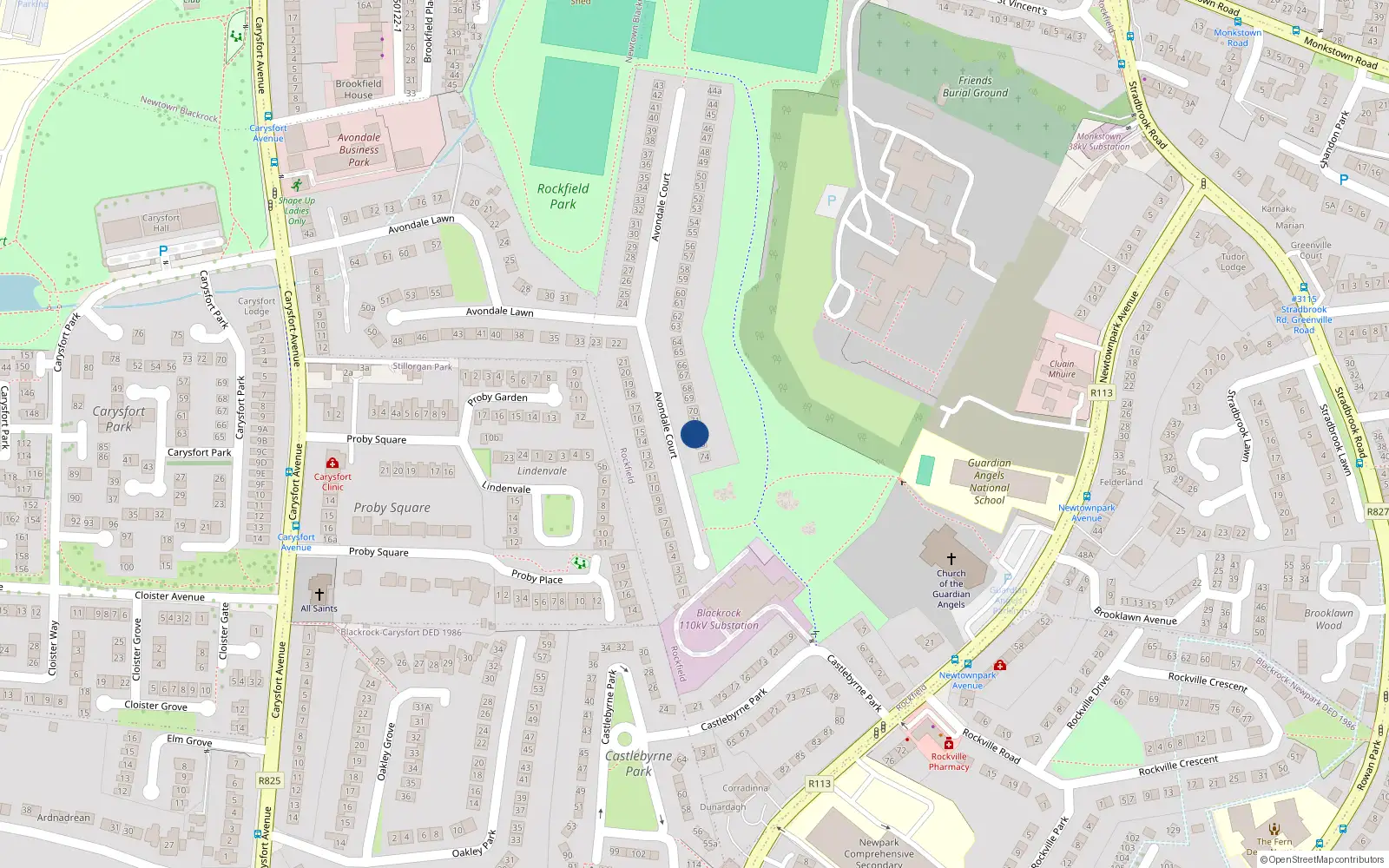 Overhead map showing the location of 72 Avondale Court, Blackrock, Co Dublin