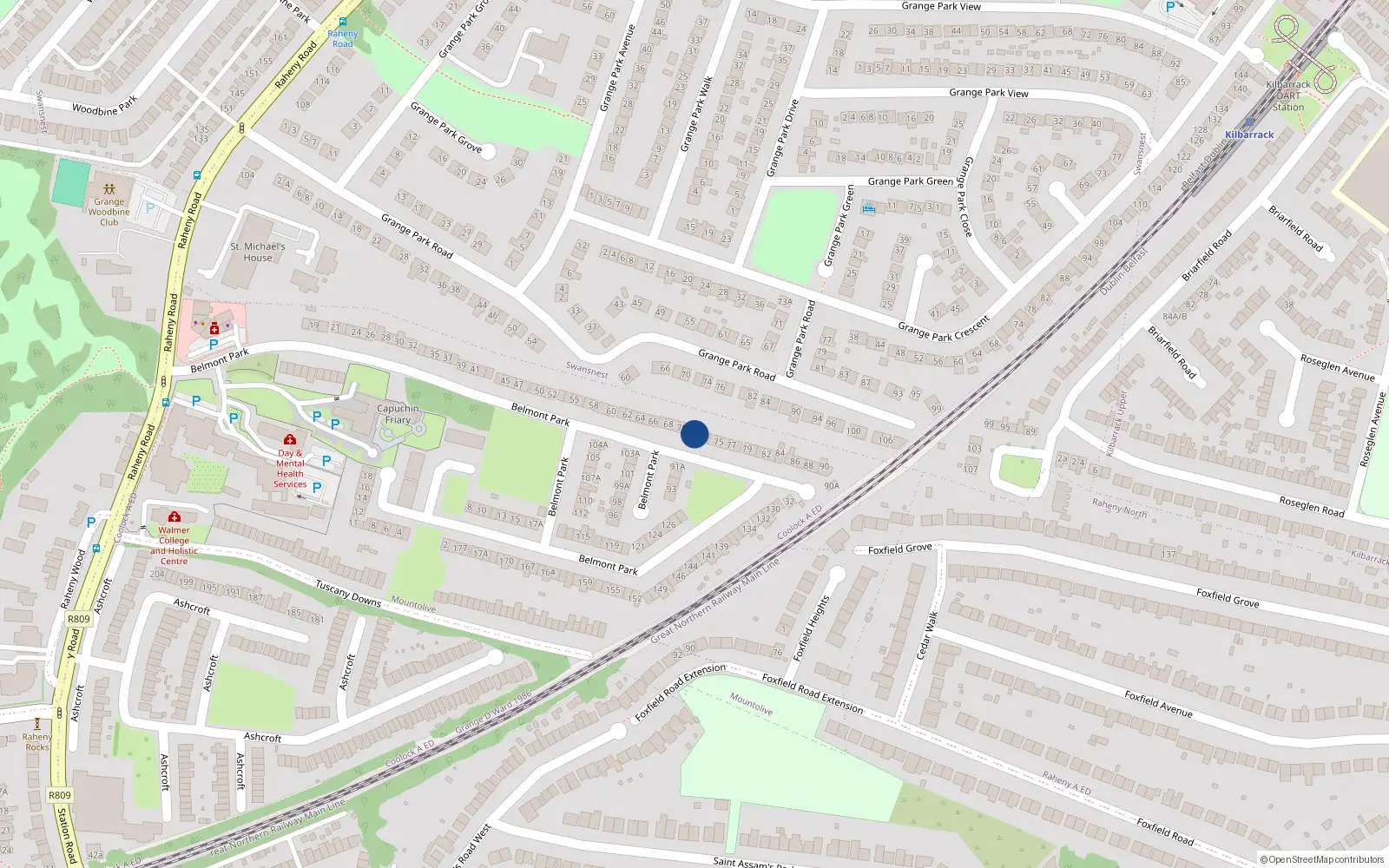 Overhead map showing the location of 72 Belmont Park, Dublin 5