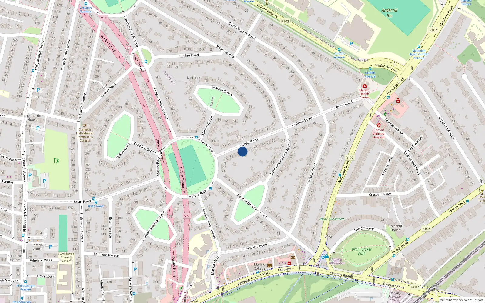 Overhead map showing the location of 72 Brian Road, Dublin 3