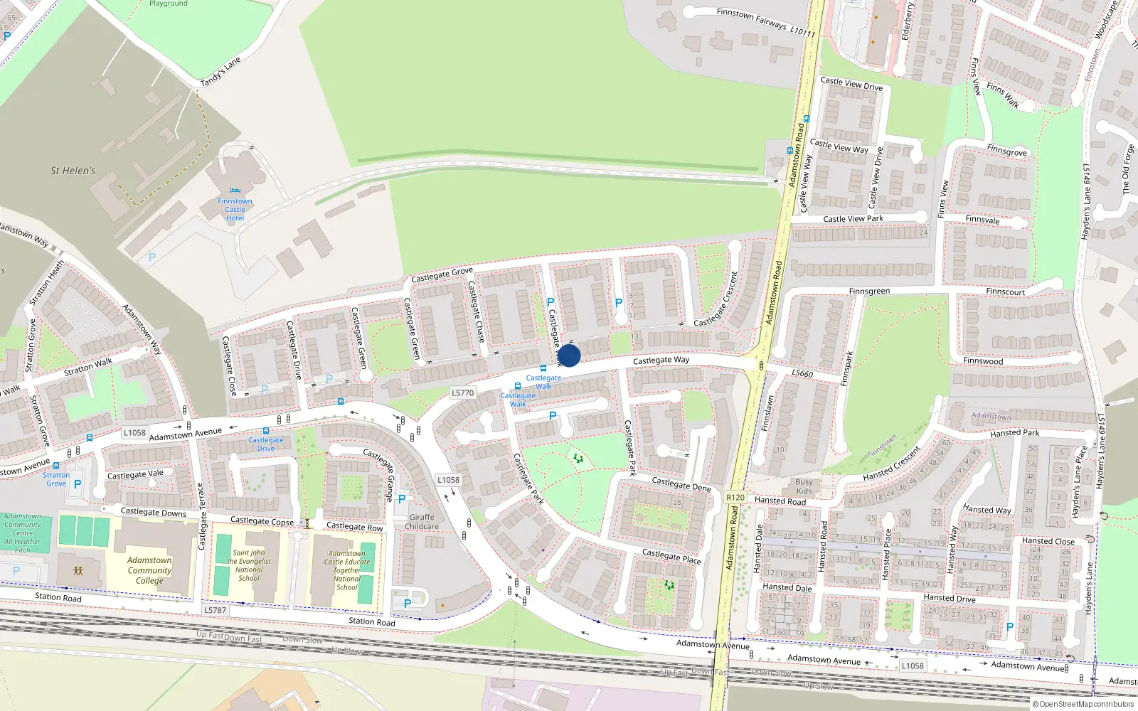 Overhead map showing the location of 72 Castlegate Way, Adamstown Castle, Adamstown