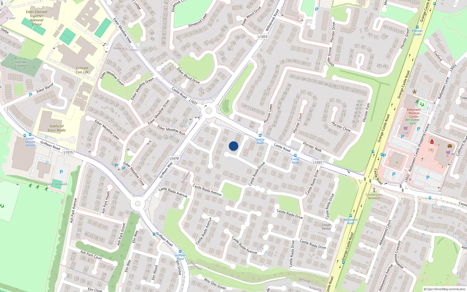 Overhead map showing the location of 72 Castleriada Grove, Lucan, Dublin