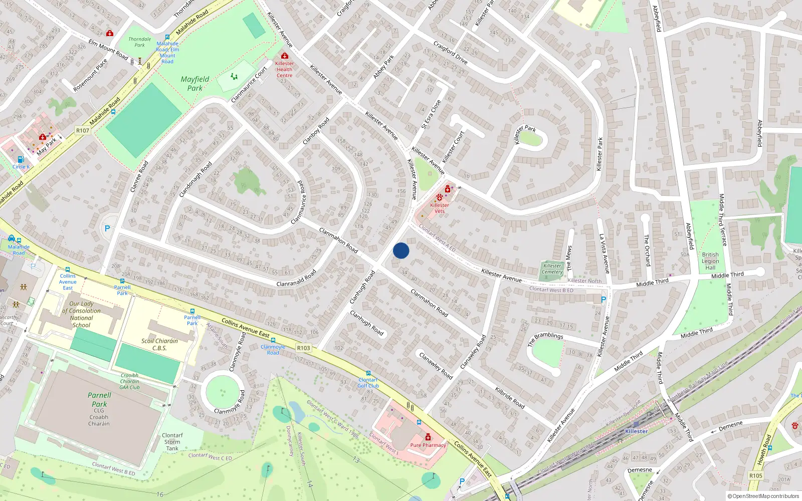 Overhead map showing the location of 72 Clanhugh Road, Dublin 5
