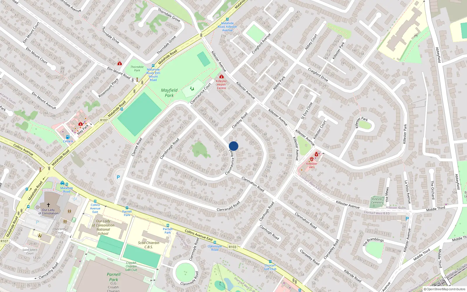 Overhead map showing the location of 72 Clanmaurice Road, Dublin 5