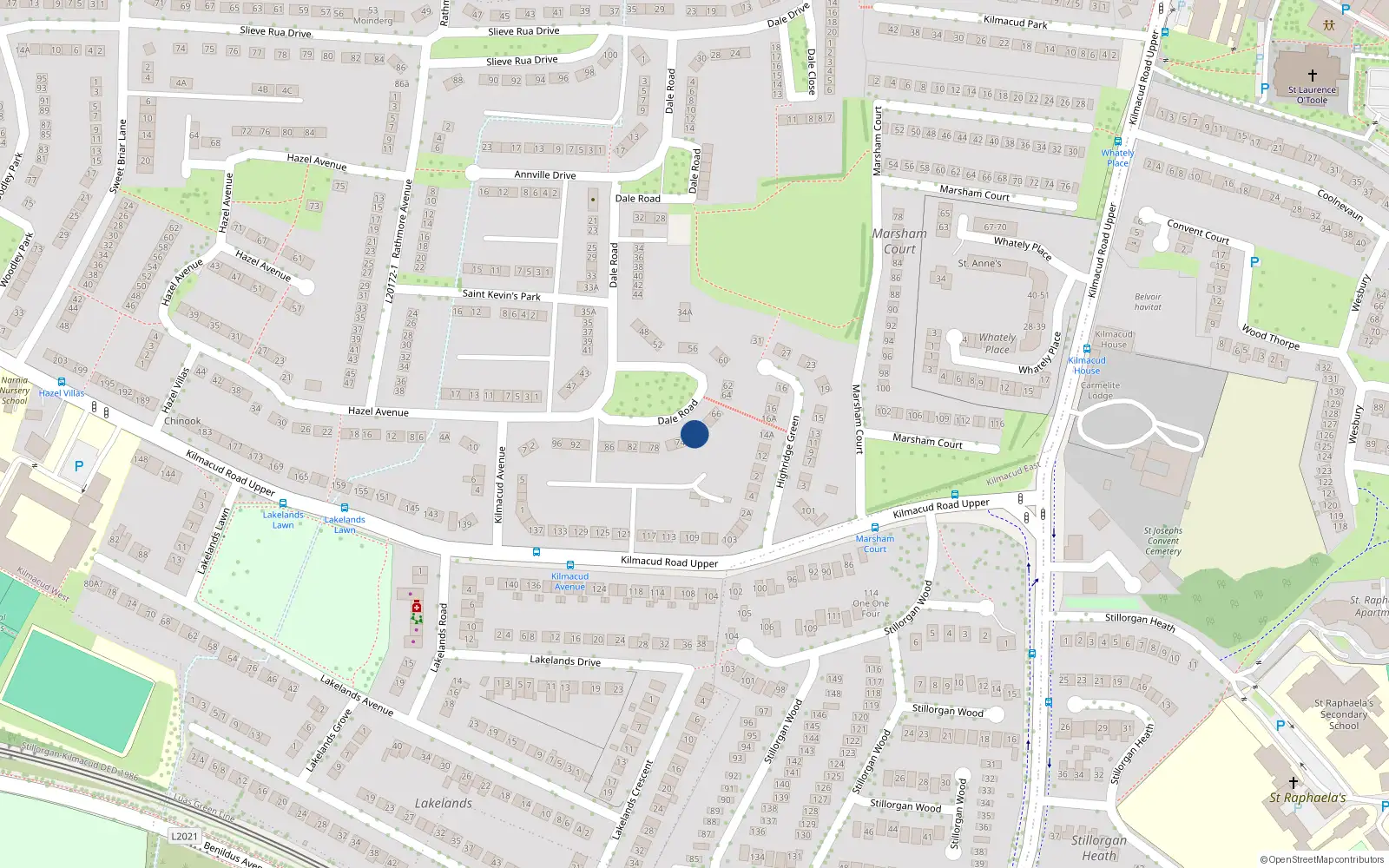 Overhead map showing the location of 72 Dale Road, Dublin