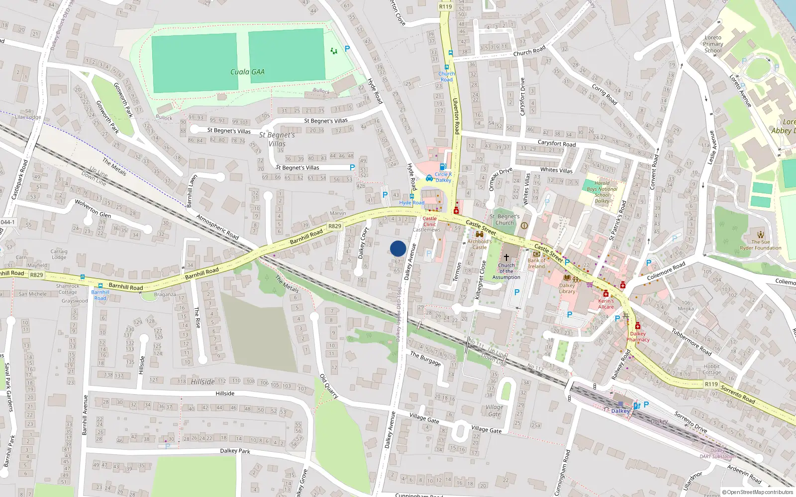 Overhead map showing the location of 72 Dalkey Avenue, Dalkey