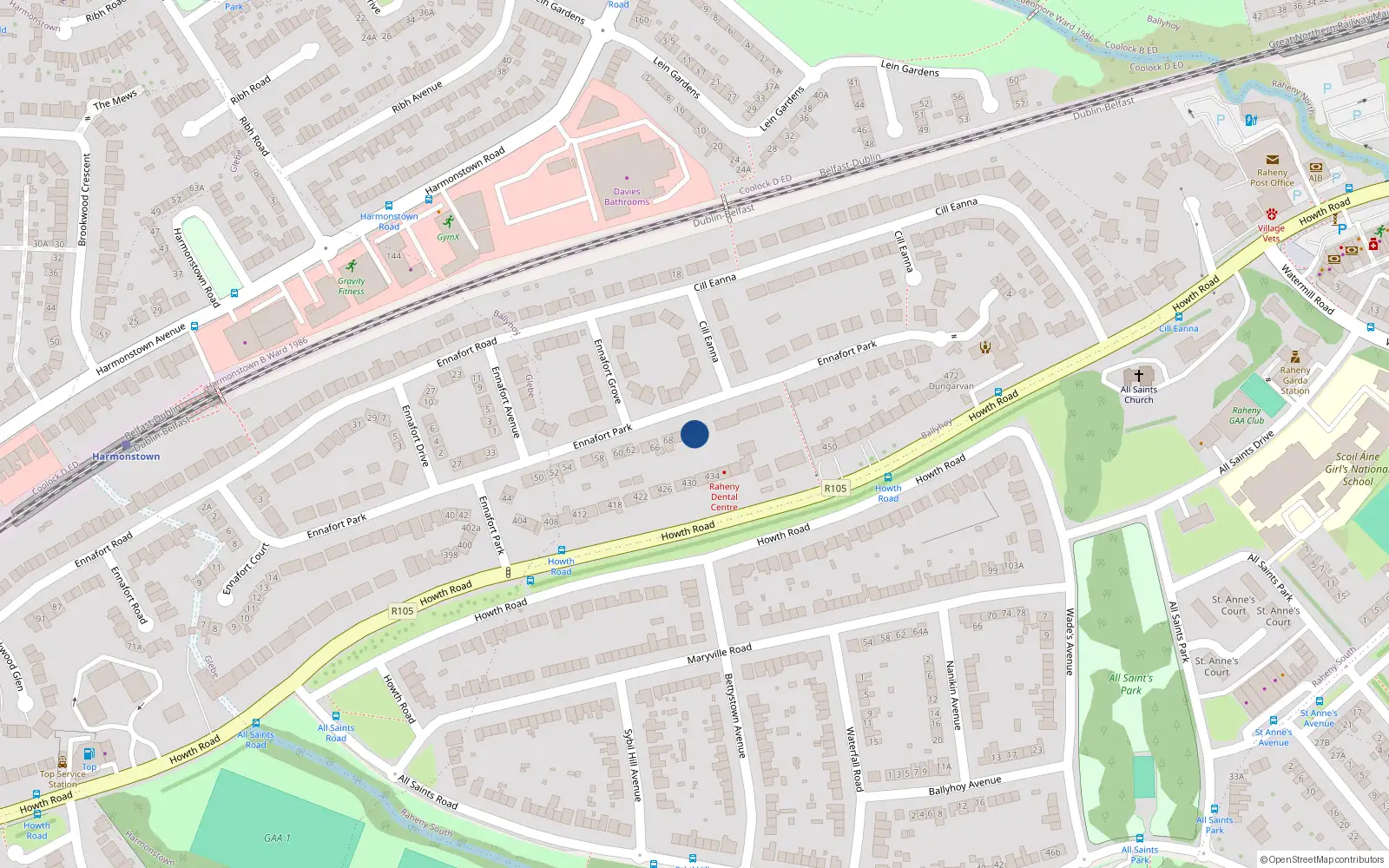 Overhead map showing the location of 72 Ennafort Park, Dublin 5