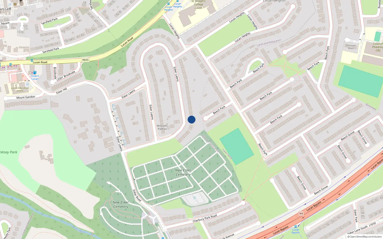 Overhead map showing the location of 72 Esker Lawns, Lucan, Dublin