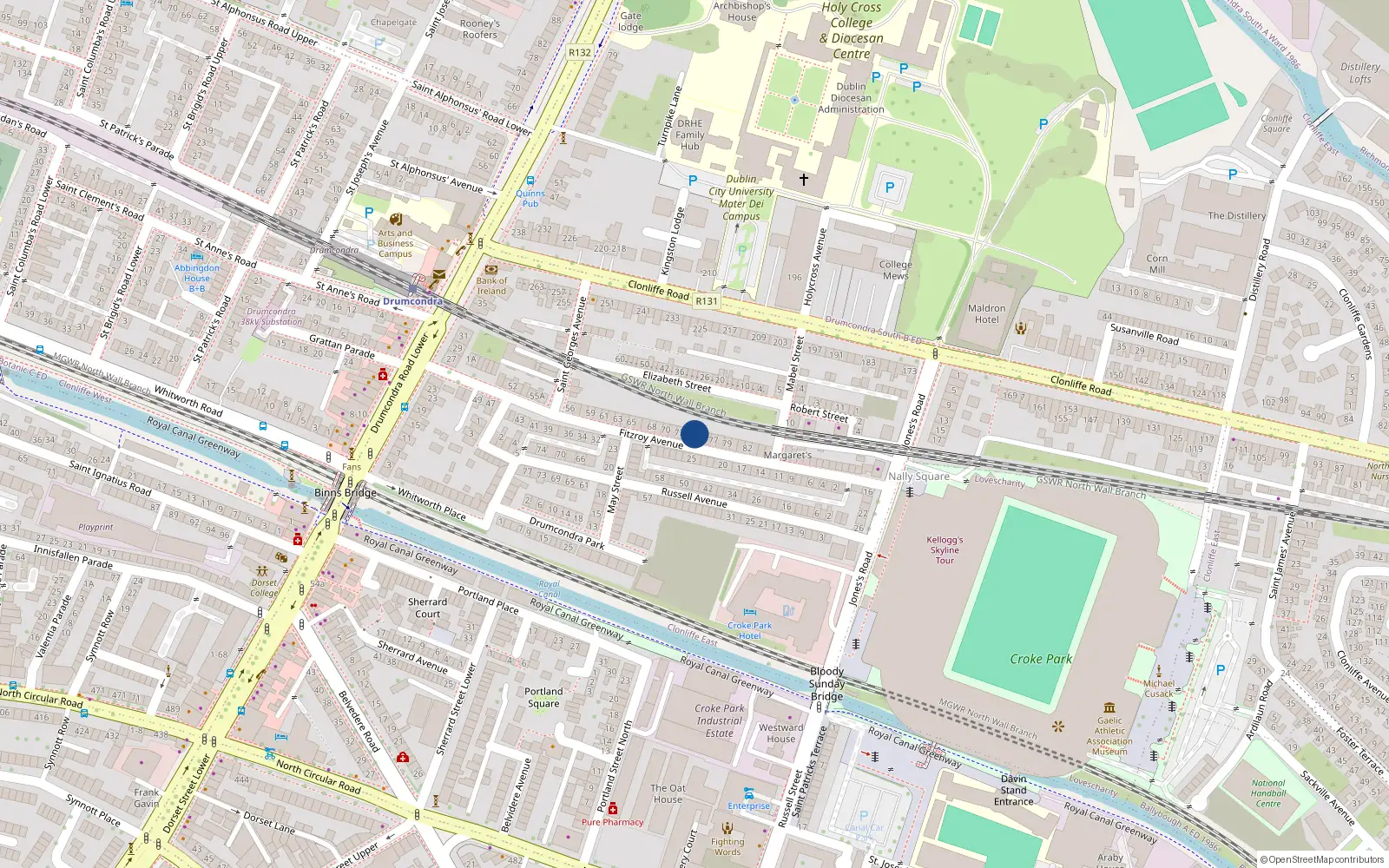 Overhead map showing the location of 72 Fitzroy Avenue, Dublin 3