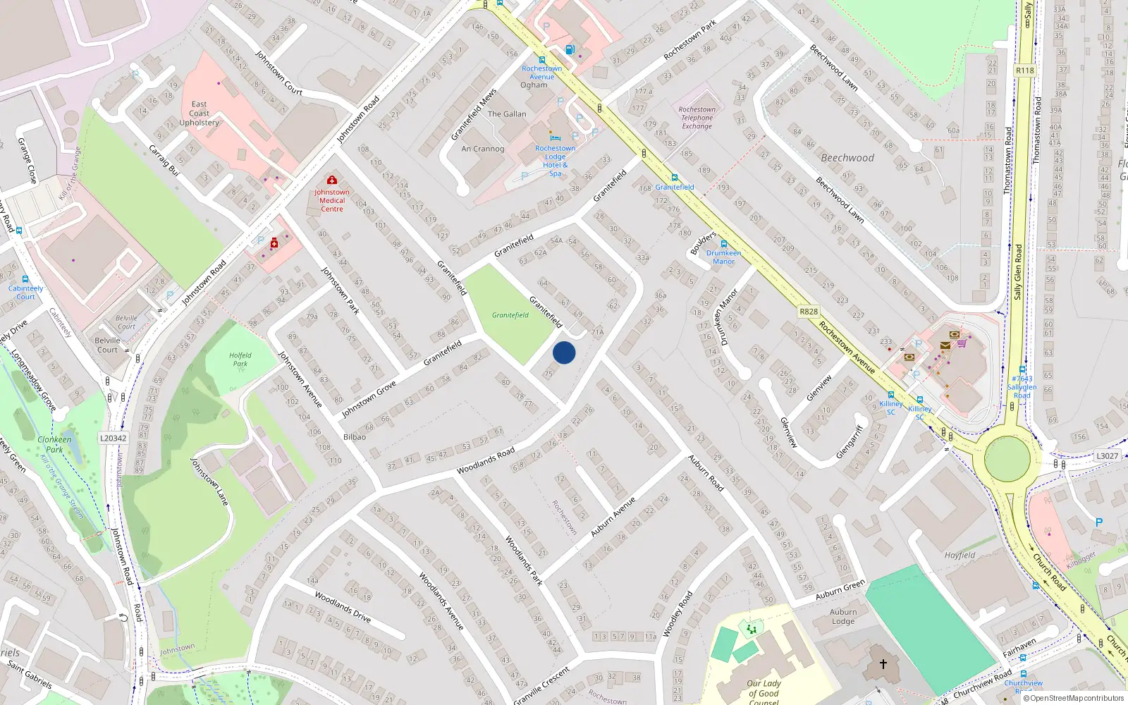 Overhead map showing the location of 72 Granitefield, Dunlaoghaire