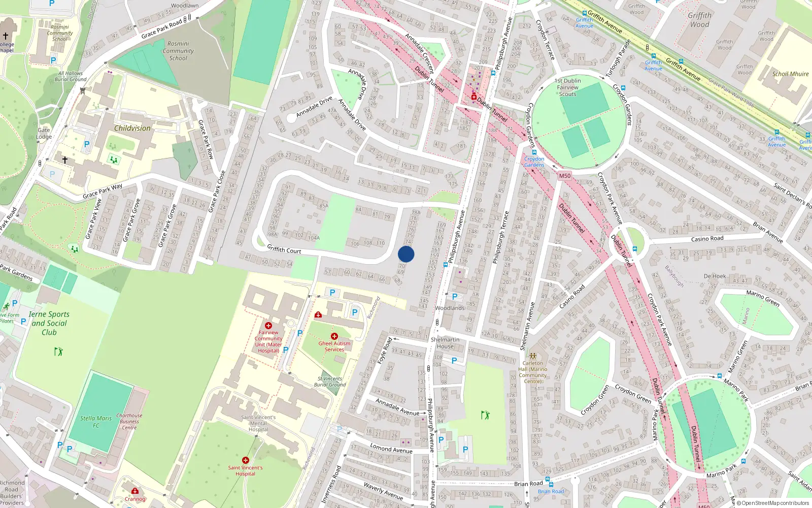 Overhead map showing the location of 72 Griffiith Court, Fairview, Dublin 3