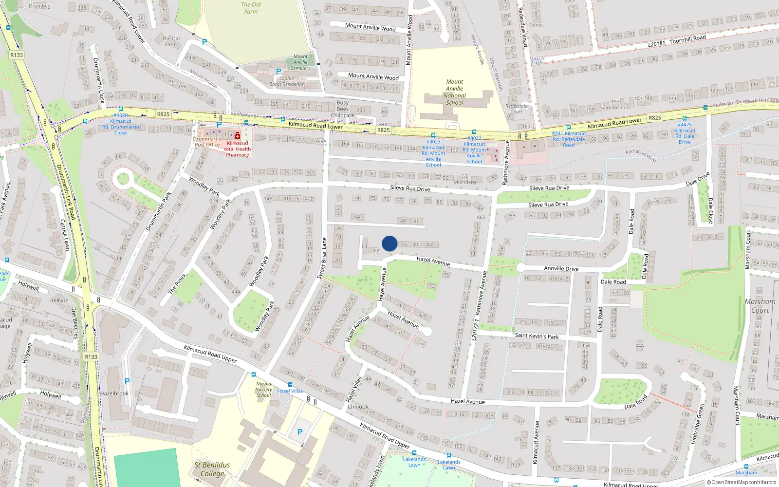 Overhead map showing the location of 72 Hazel Avenue, Kilmacud, Blackrock