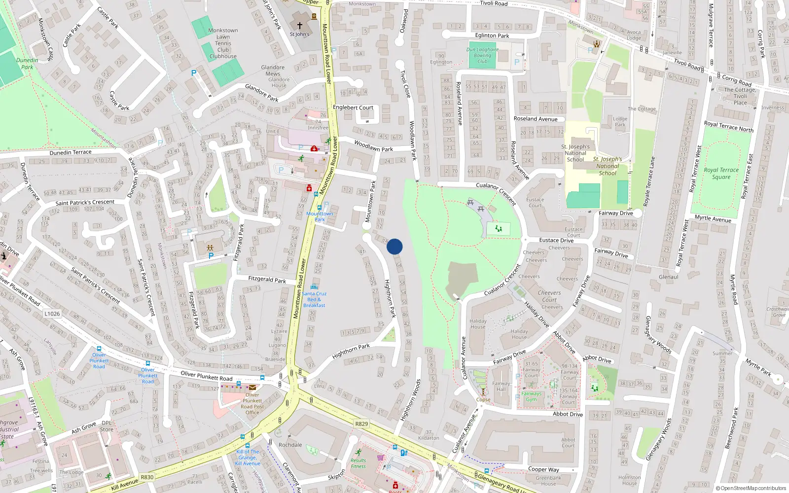 Overhead map showing the location of 72 Highthorn Park, Monkstown
