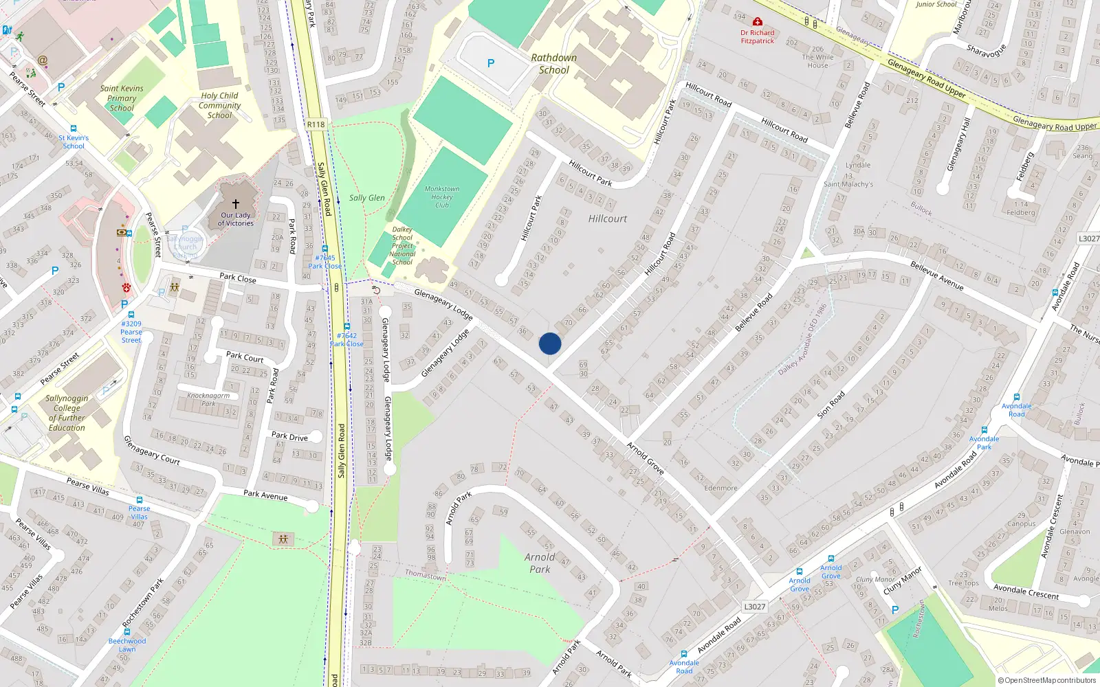 Overhead map showing the location of 72 Hillcourt Road, Glenageary, Dublin