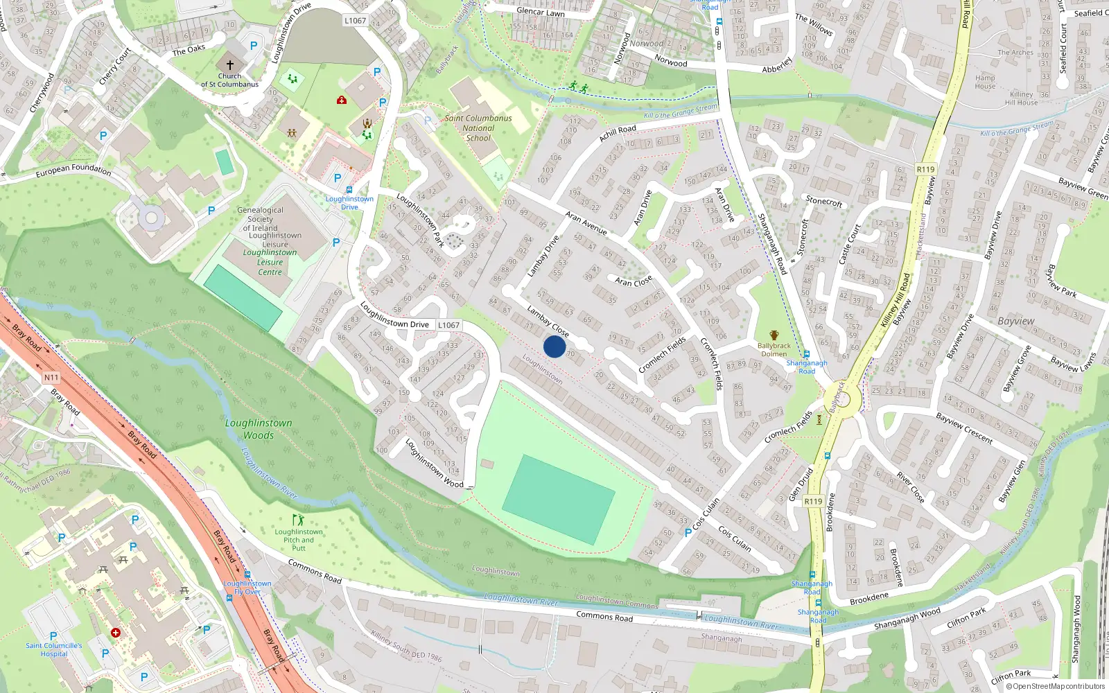 Overhead map showing the location of 72 Lambay Close, Ballybrack, Dublin