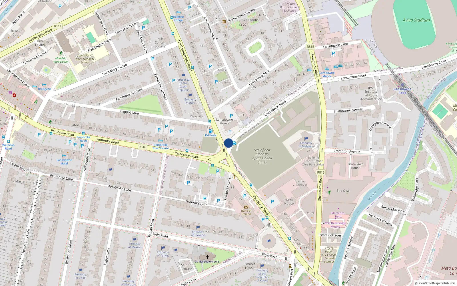 Overhead map showing the location of 72 Lansdowne Road, Dublin