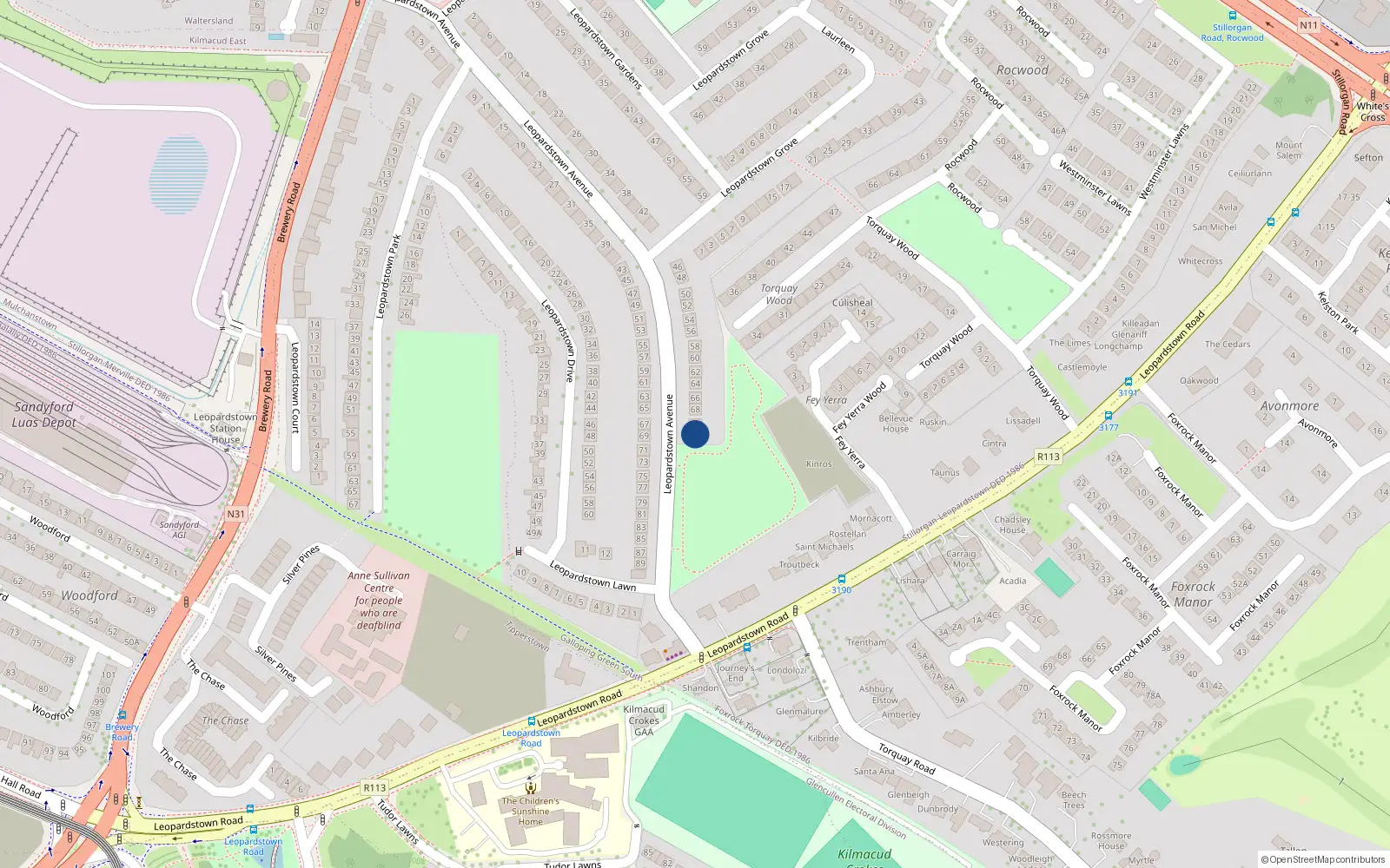 Overhead map showing the location of 72 Leopardstown Avenue, Dublin
