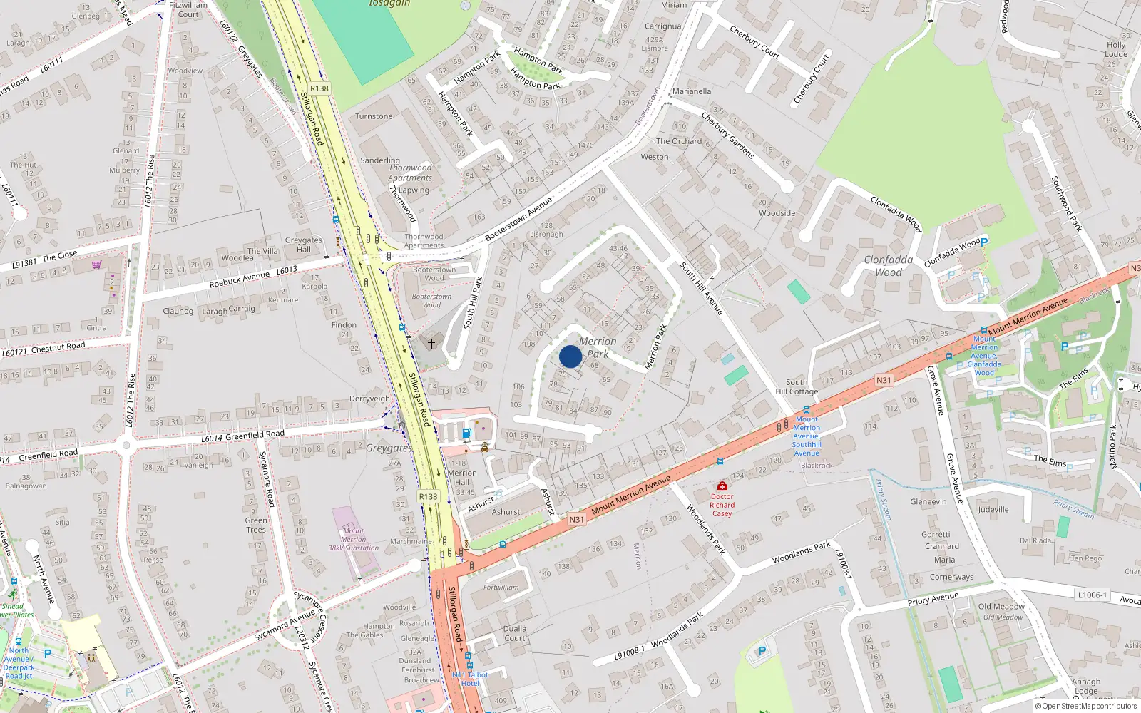 Overhead map showing the location of 72 Merrion Park, Blackrock, Dublin