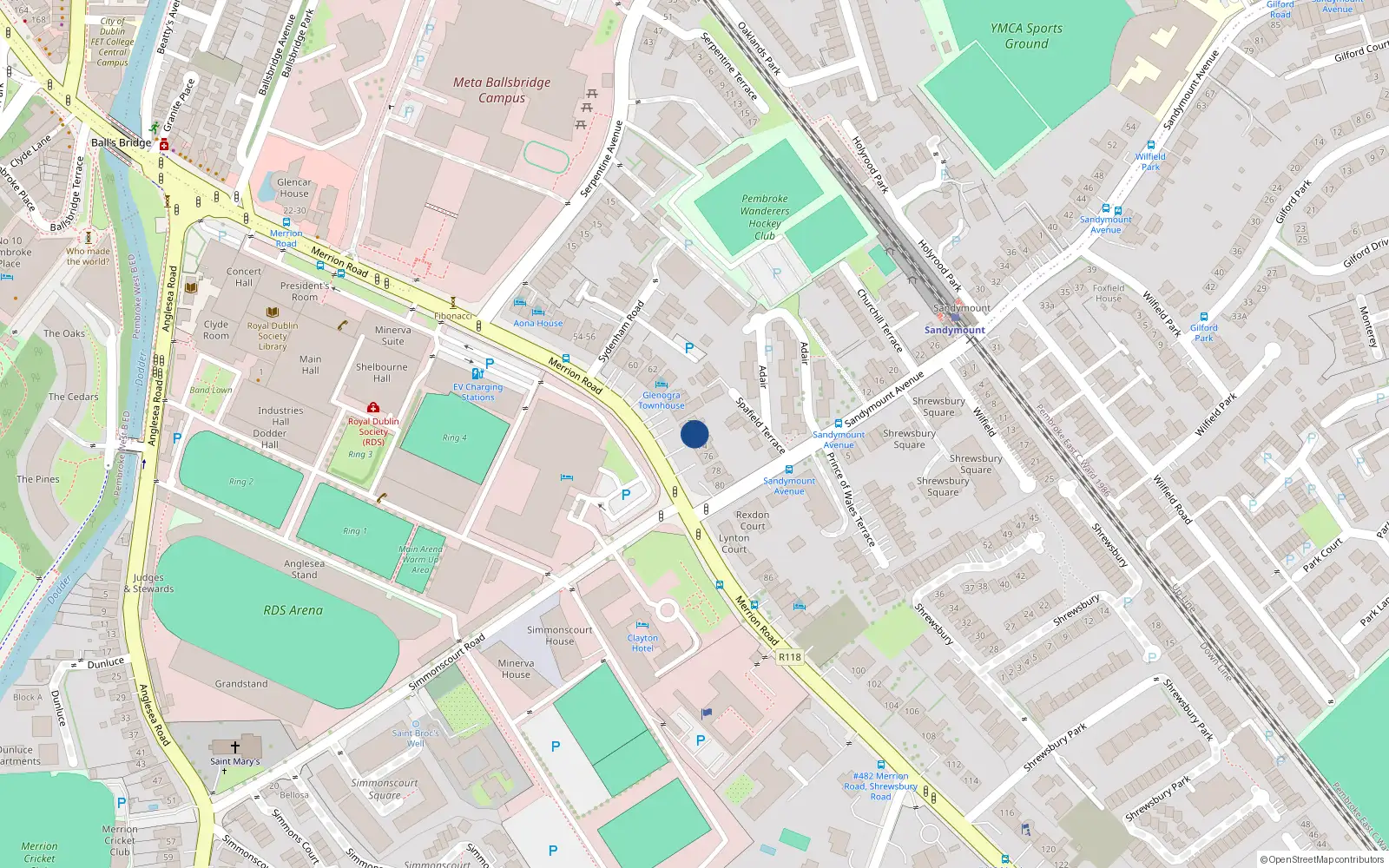 Overhead map showing the location of 72 Merrion Road, Ballsbridge