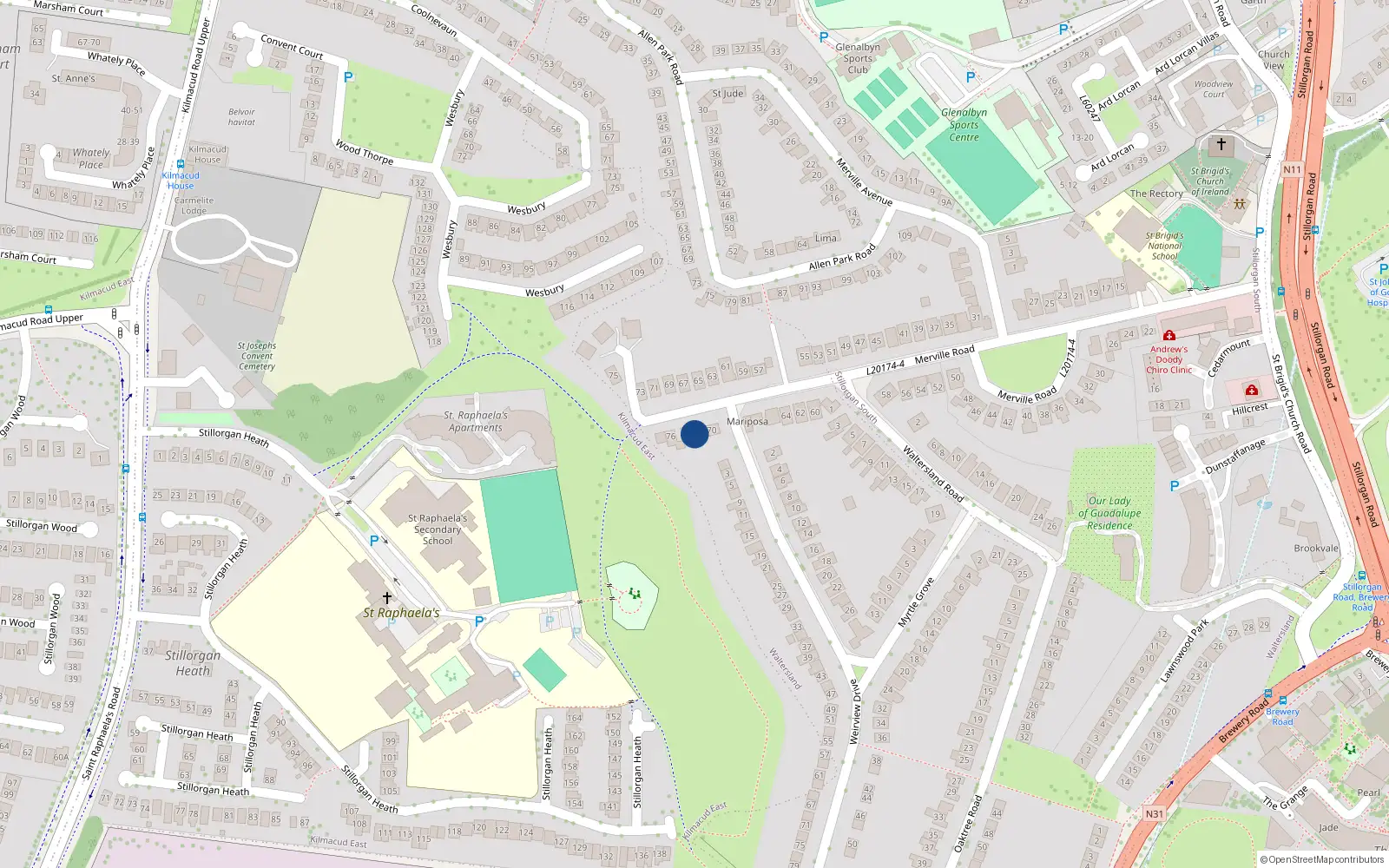 Overhead map showing the location of 72 Merville Road, Stillorgan, Dublin