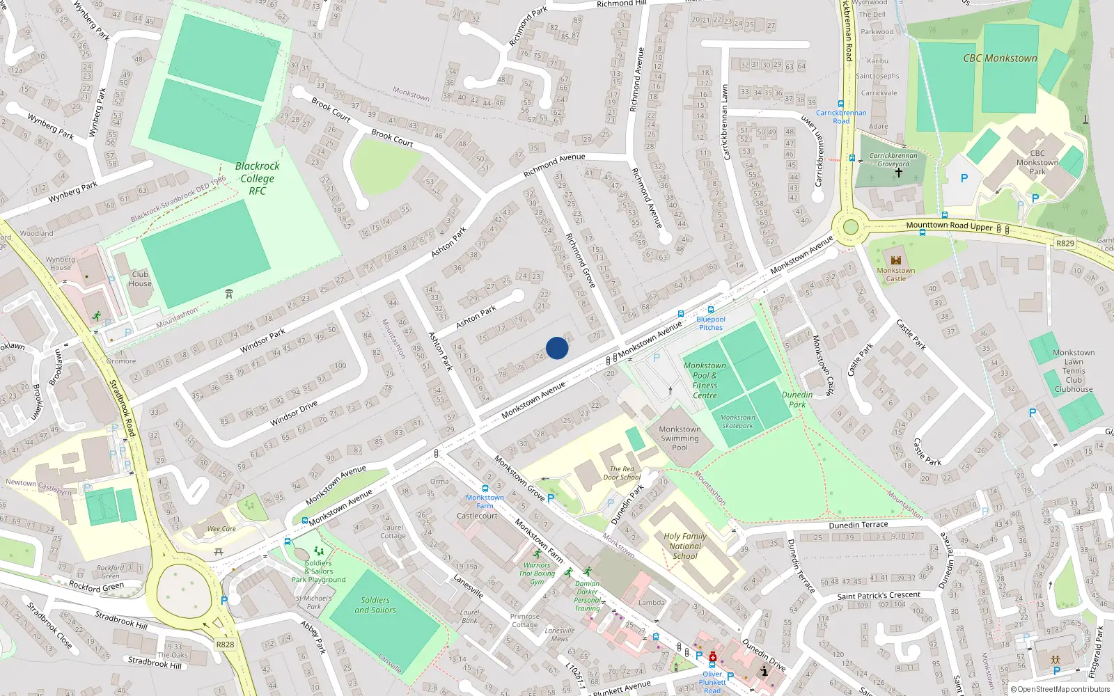 Overhead map showing the location of 72 Monkstown Avenue, Blackrock, Dublin