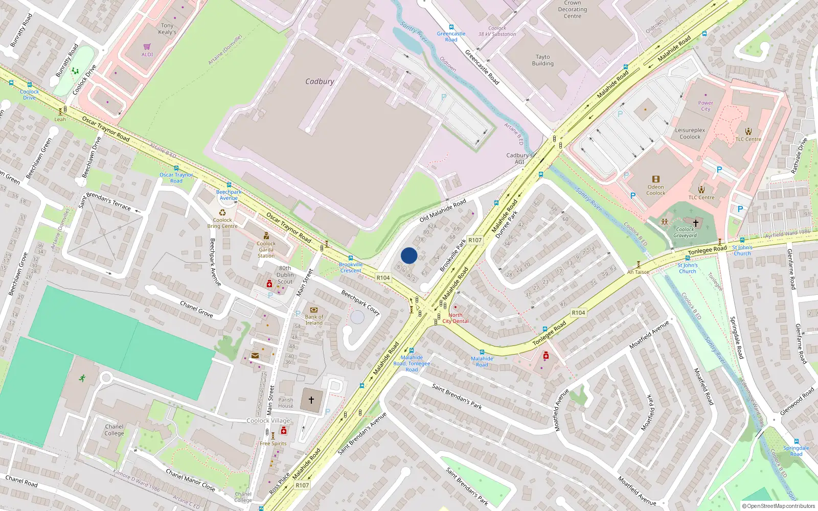 Overhead map showing the location of 72 Old Malahide Road, Coolock, Dublin 5