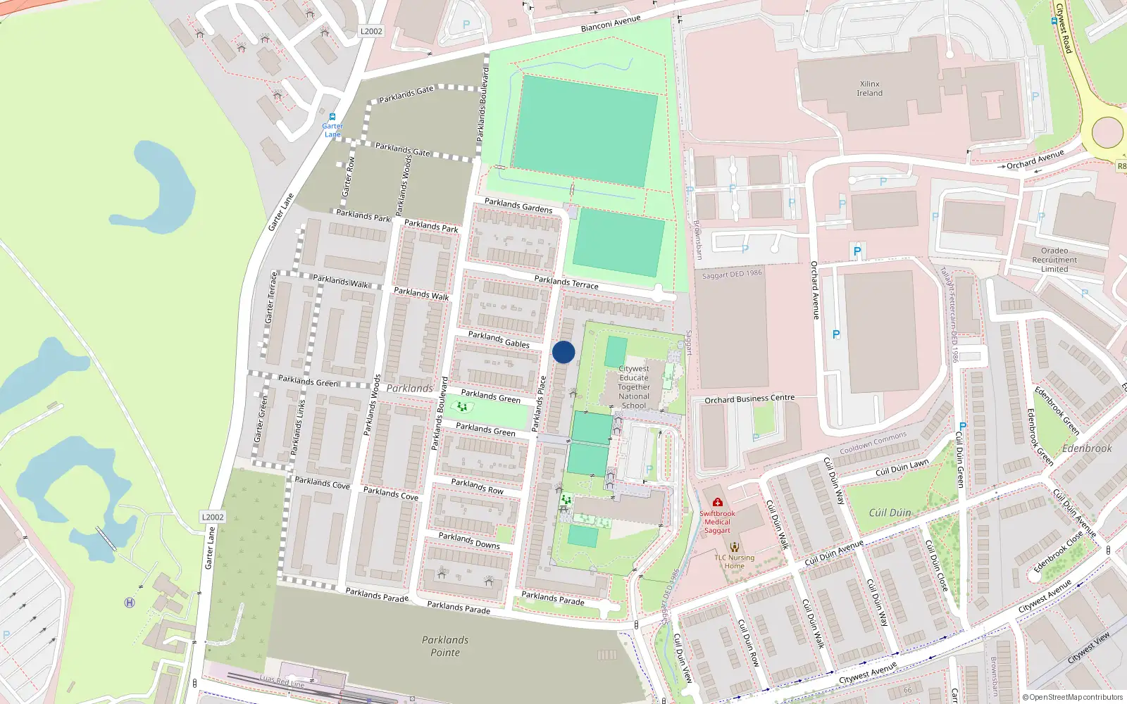 Overhead map showing the location of 72 Parklands Place, Saggart