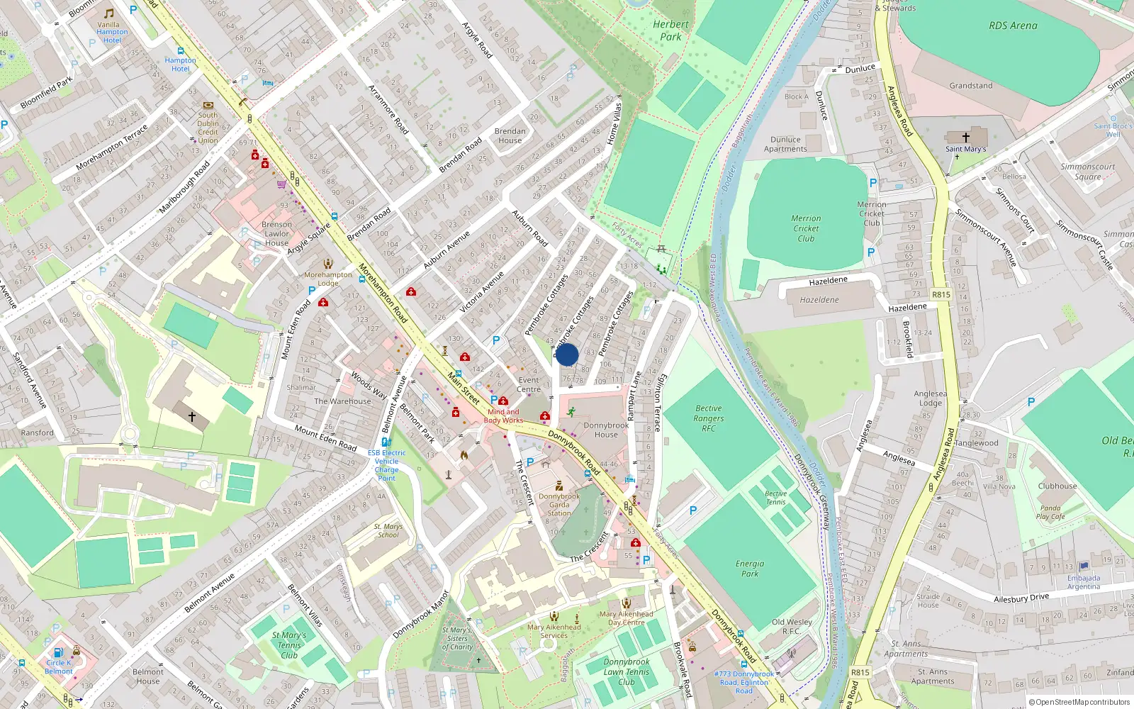 Overhead map showing the location of 72 Pembroke Cottages, Dublin 4