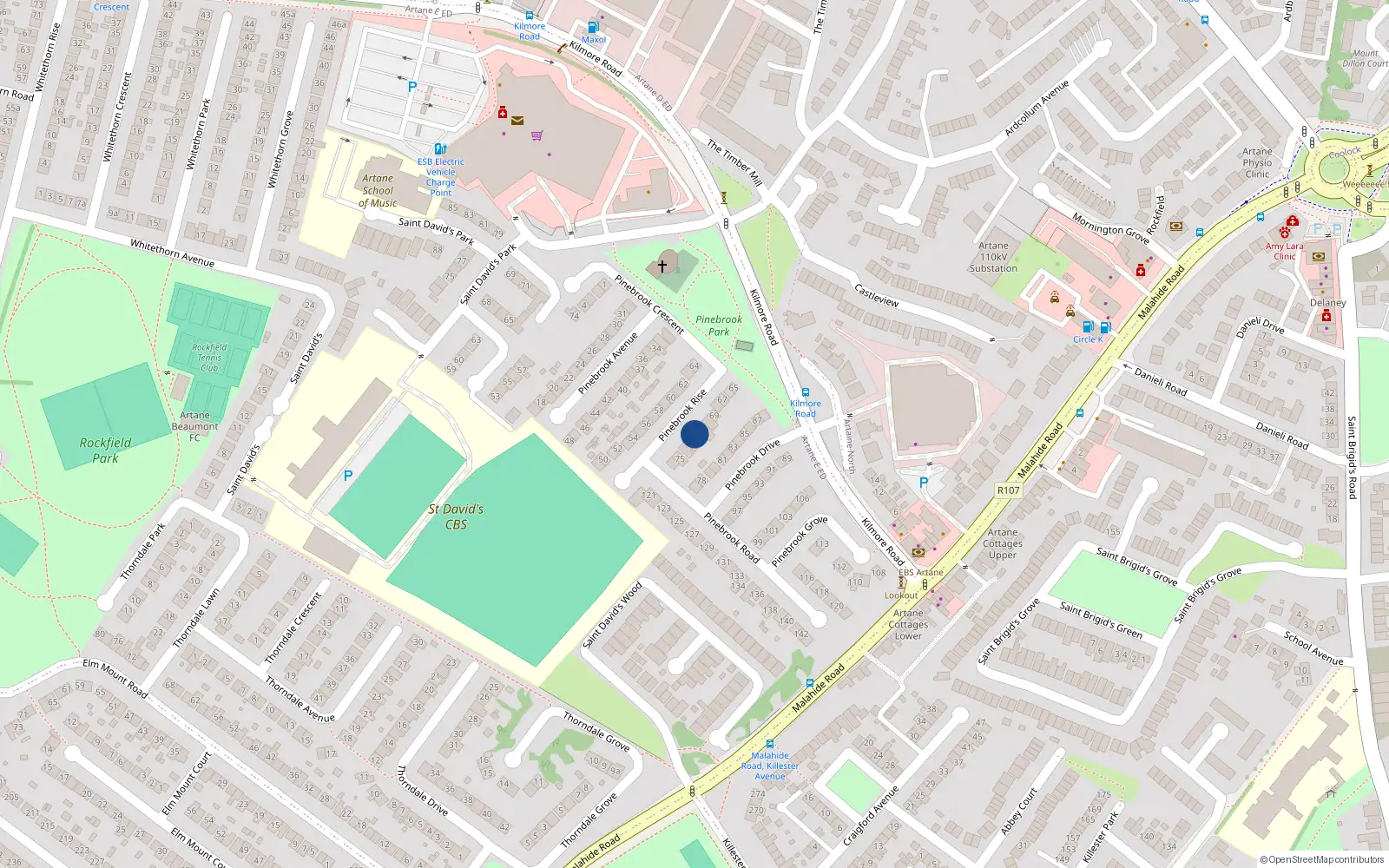 Overhead map showing the location of 72 Pinebrook Rise, Dublin 5