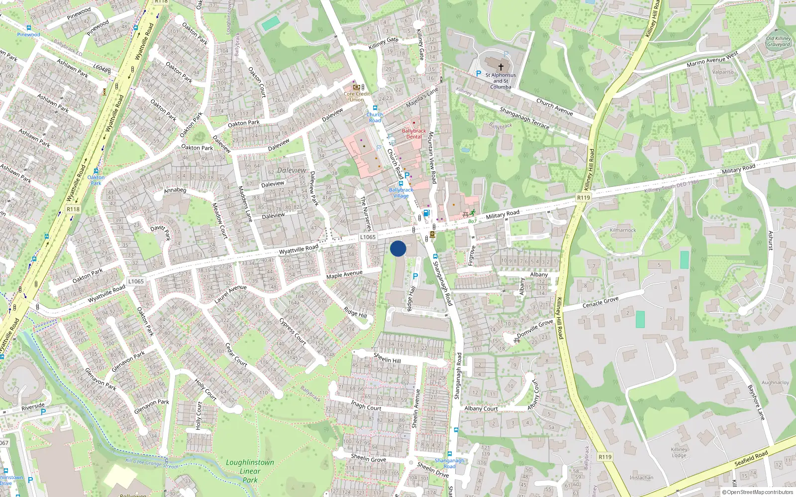 Overhead map showing the location of 72 Ridge Hall, Shanganagh Road, Ballybrack