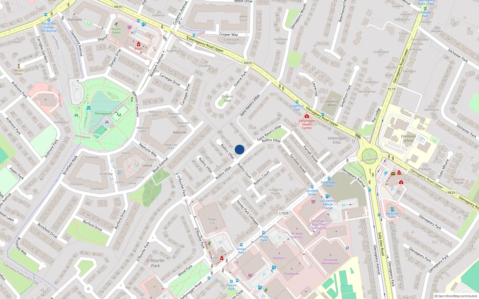Overhead map showing the location of 72 Rollins Villas, Sallynoggin