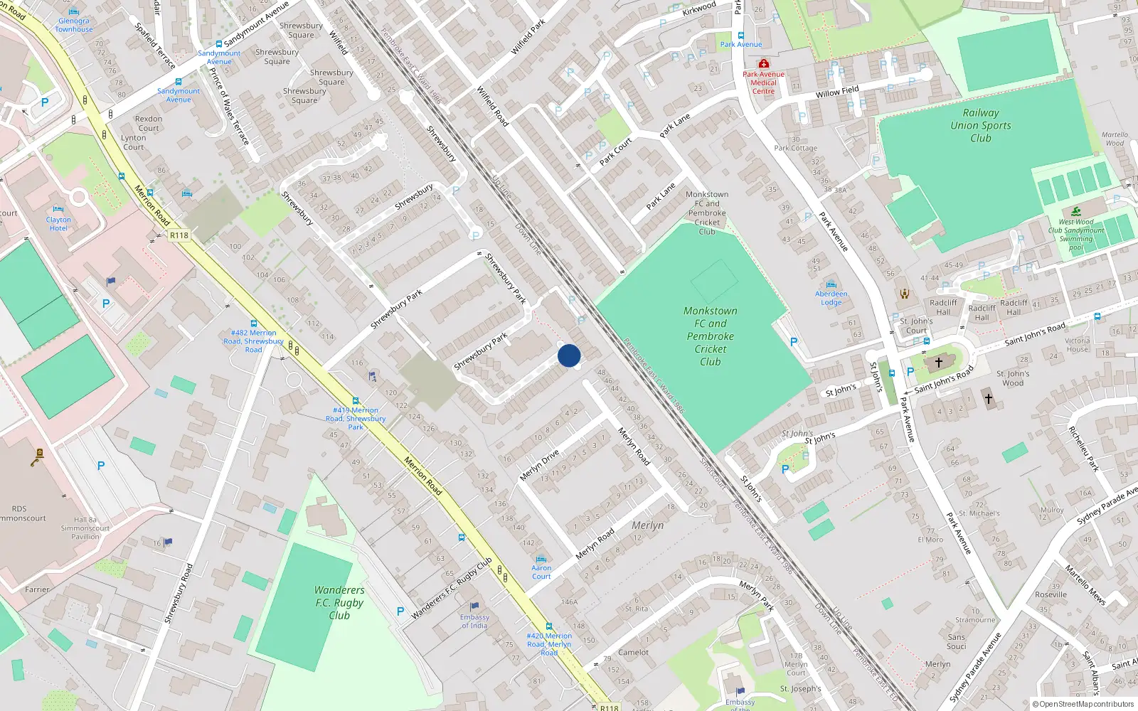 Overhead map showing the location of 72 Shrewsbury Park, Ballsbridge