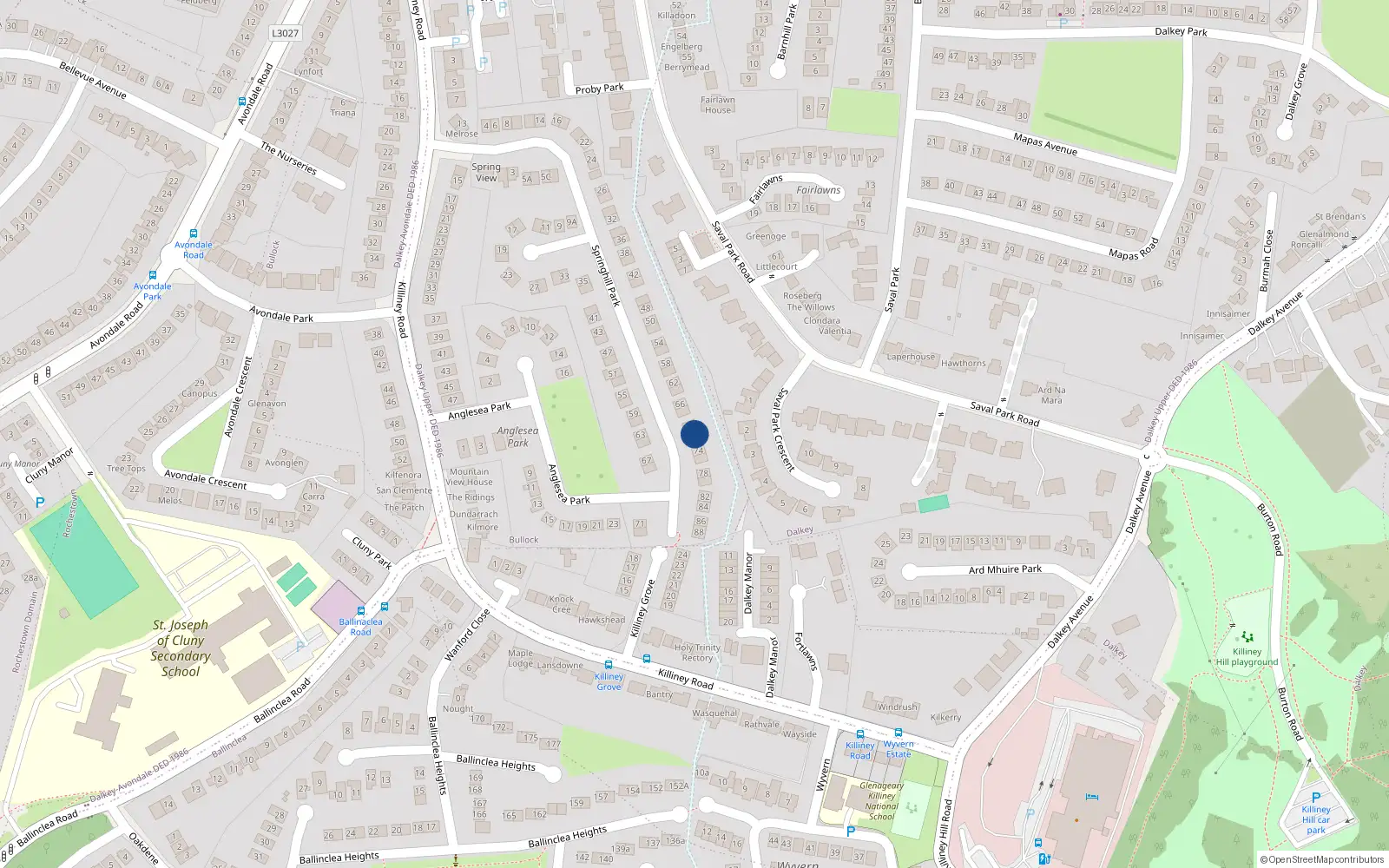 Overhead map showing the location of 72 Springhill Park, Dalkey