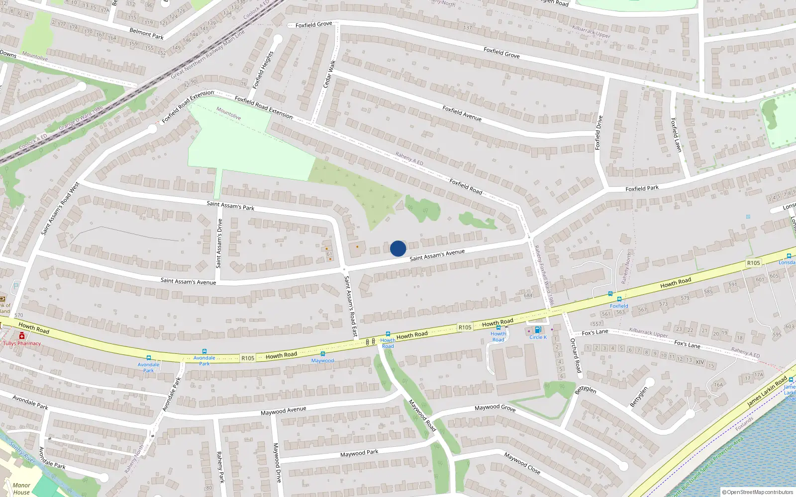 Overhead map showing the location of 72 St Assams Avenue, Raheny, Dublin 5