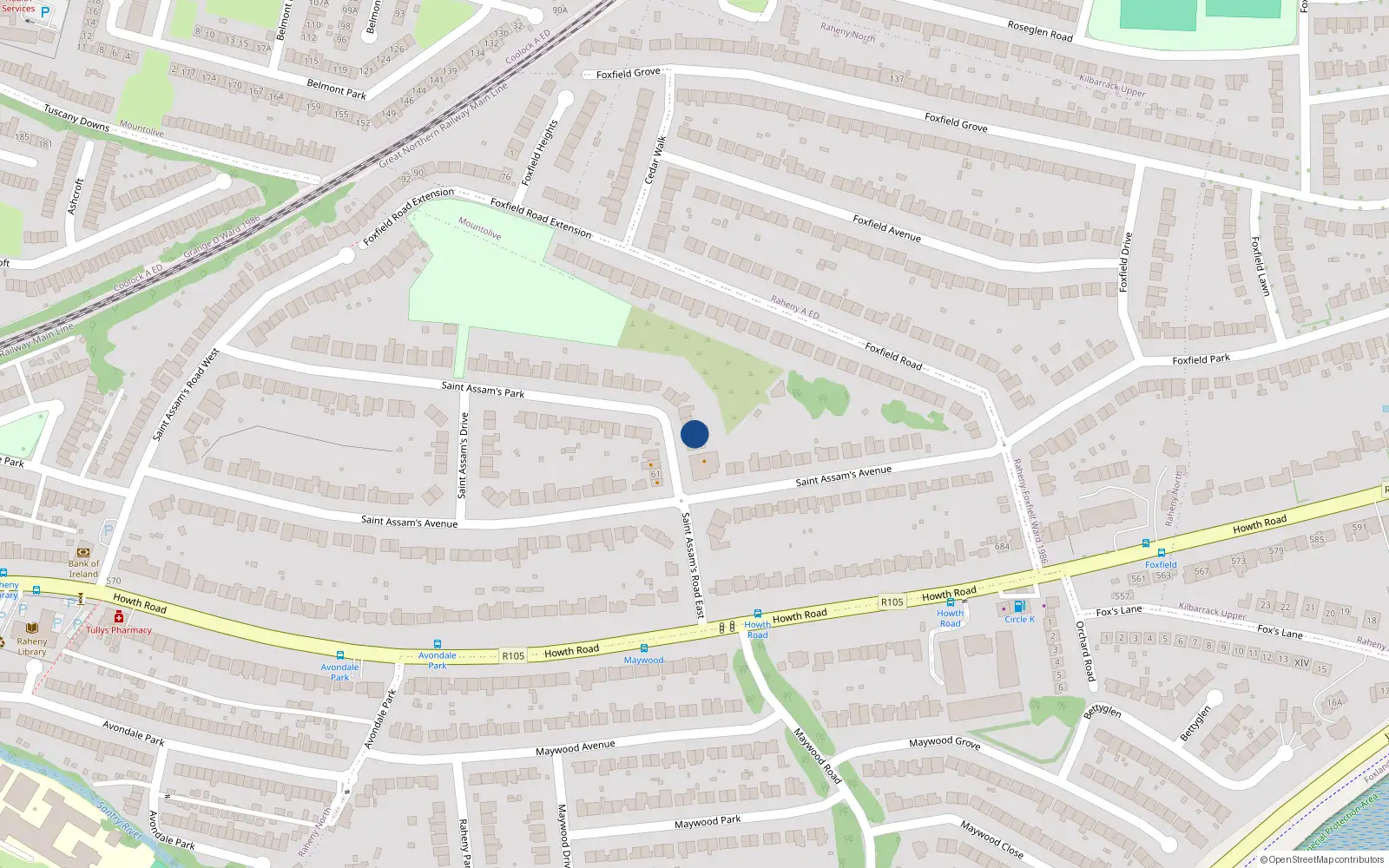 Overhead map showing the location of 72 St Assams Park, Raheny, Dublin 5