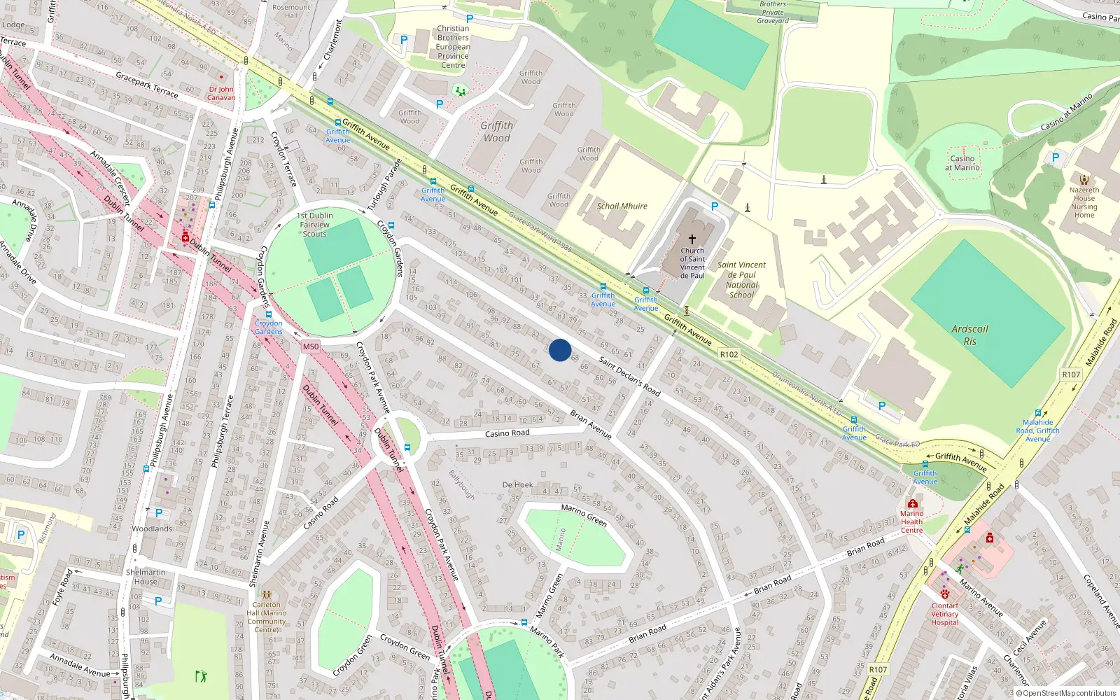 Overhead map showing the location of 72 Saint Declan's Road, Dublin 3