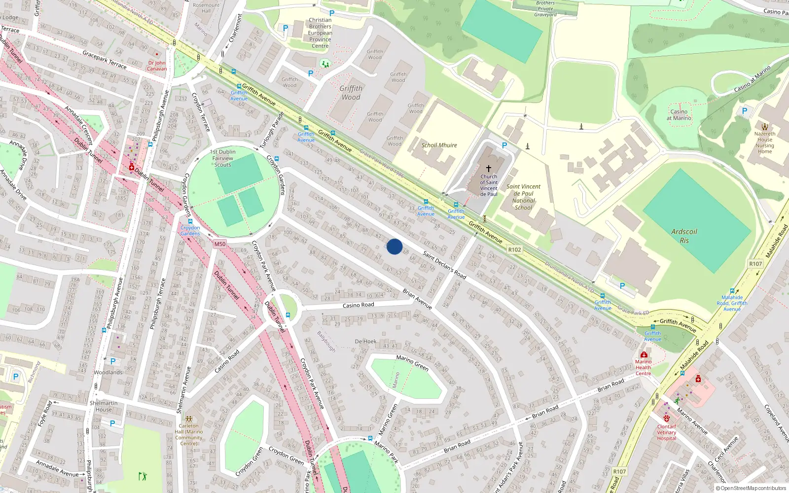 Overhead map showing the location of 72 St Declans Road, Marino, Dublin 3