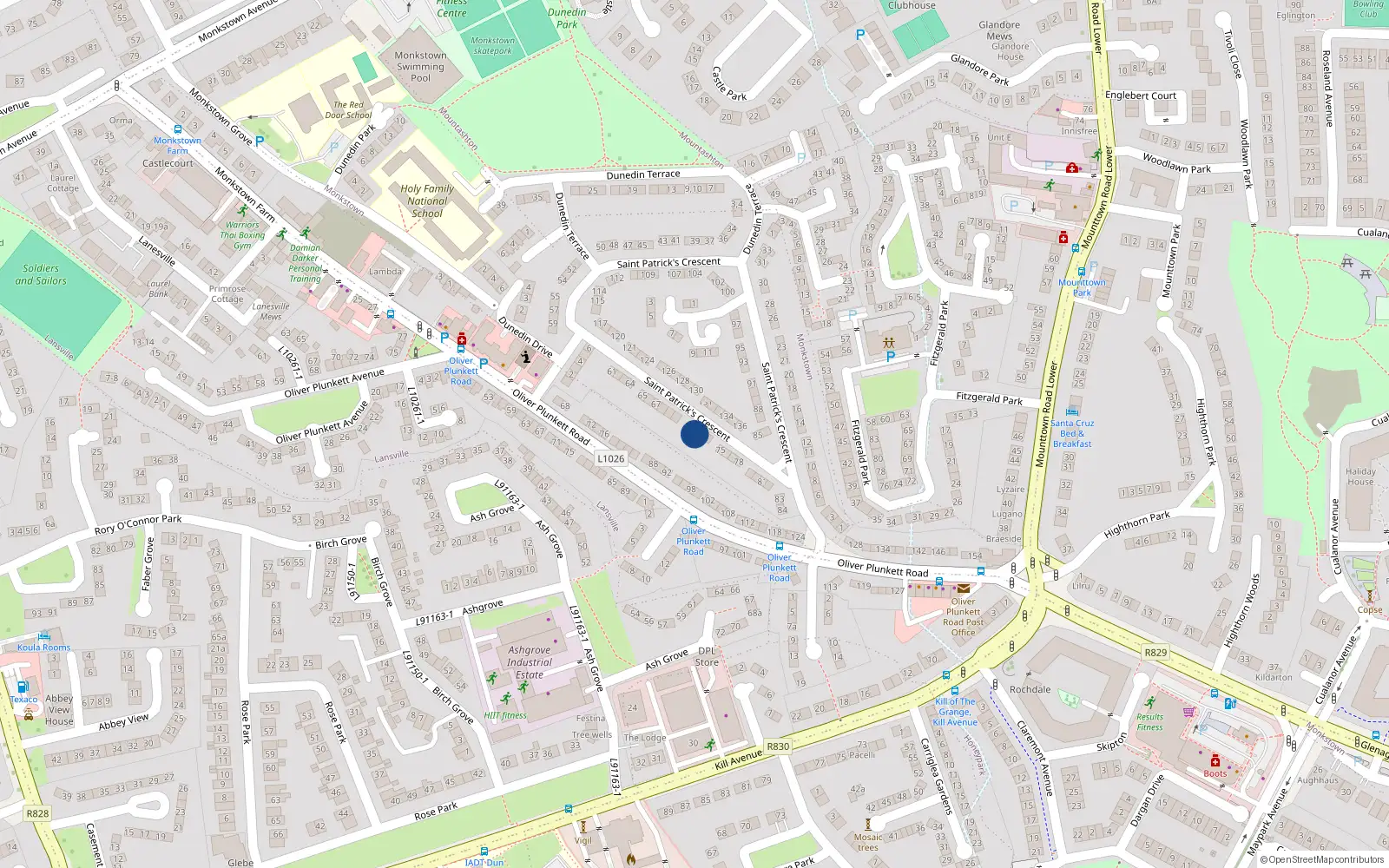 Overhead map showing the location of 72 St Patricks Crescent, Monkstown Farm, Dun Laoghaire