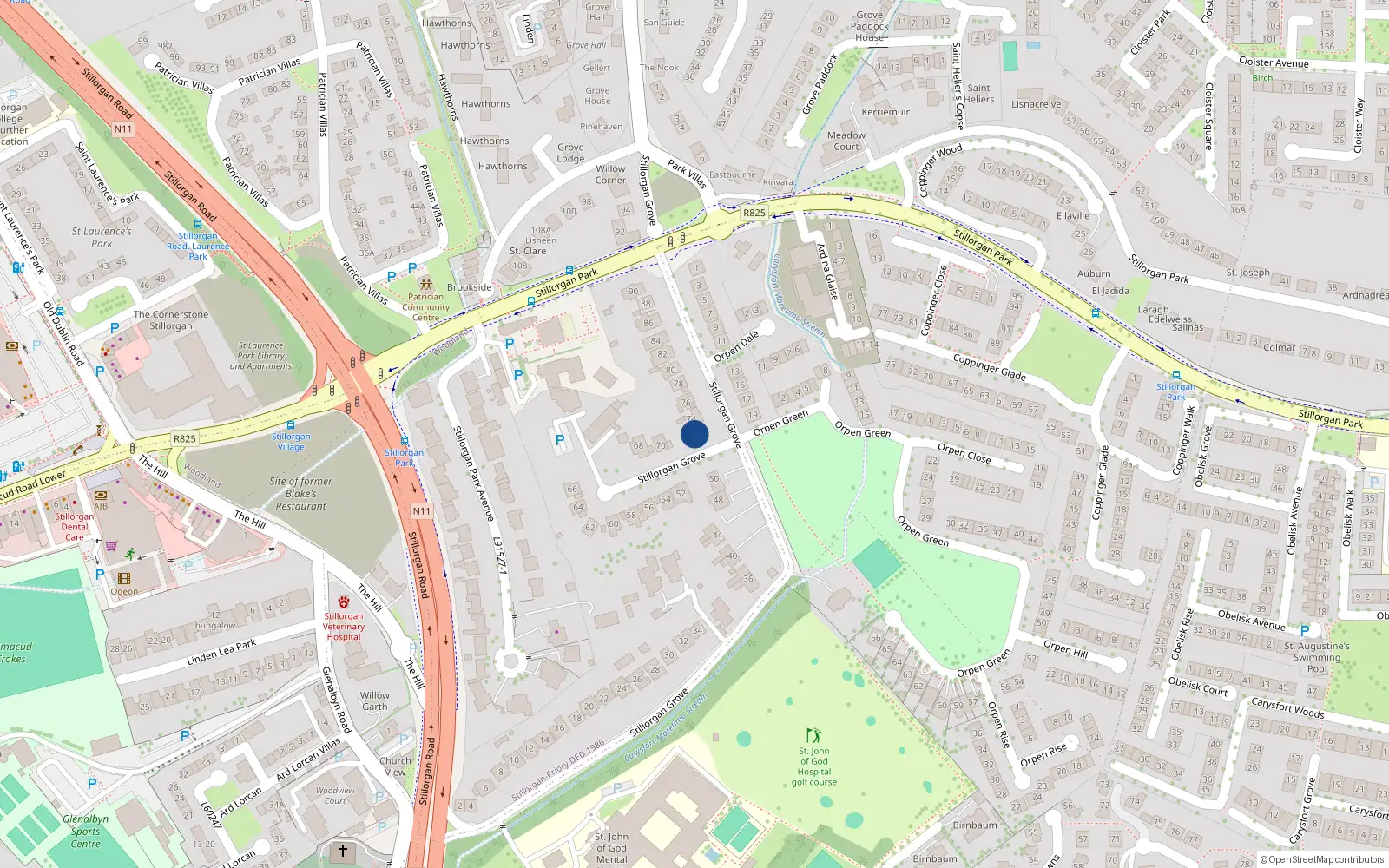 Overhead map showing the location of 72 Stillorgan Grove, Dublin