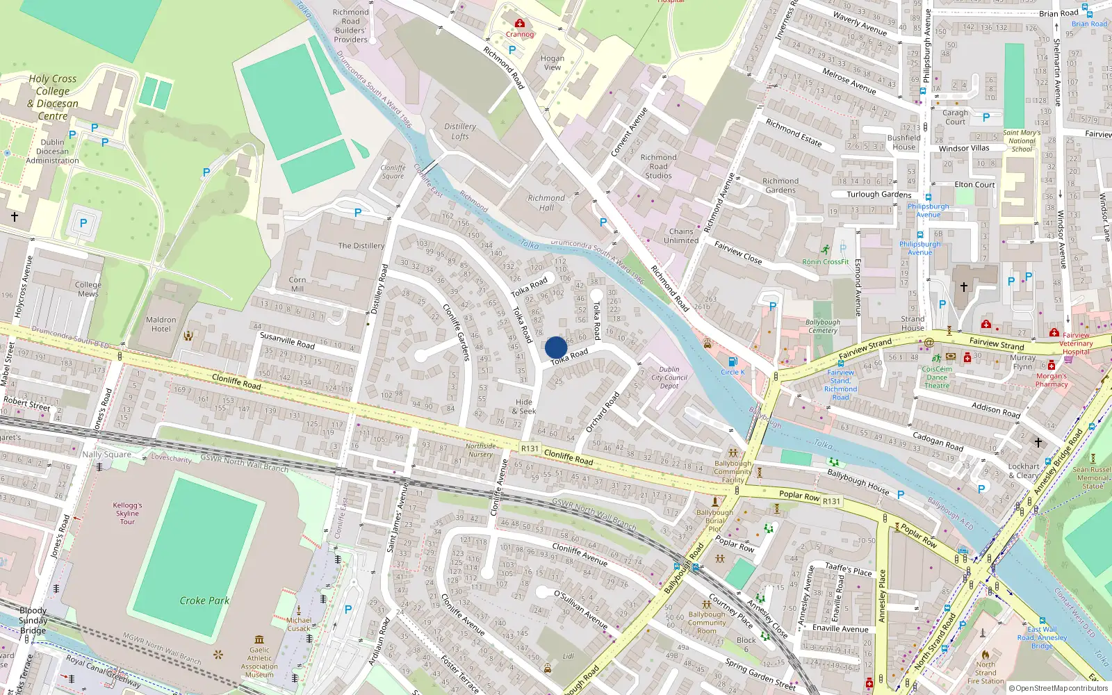 Overhead map showing the location of 72 Tolka Road, Drumcondra, Dublin 3