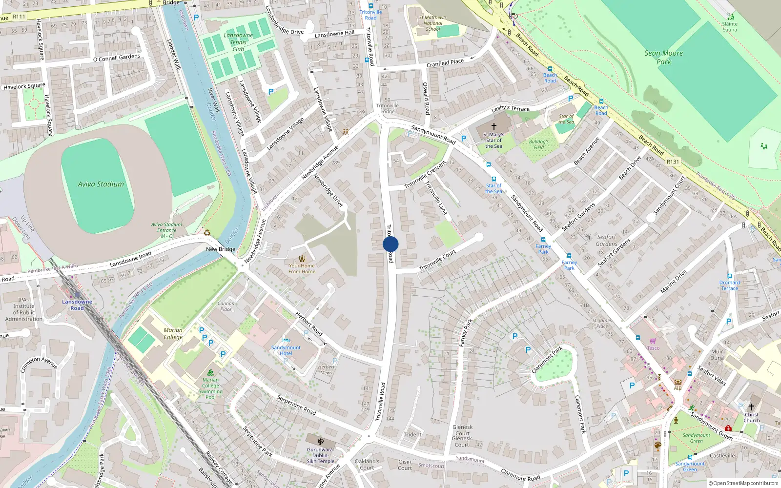 Overhead map showing the location of 72 Tritonville Road, Sandymount